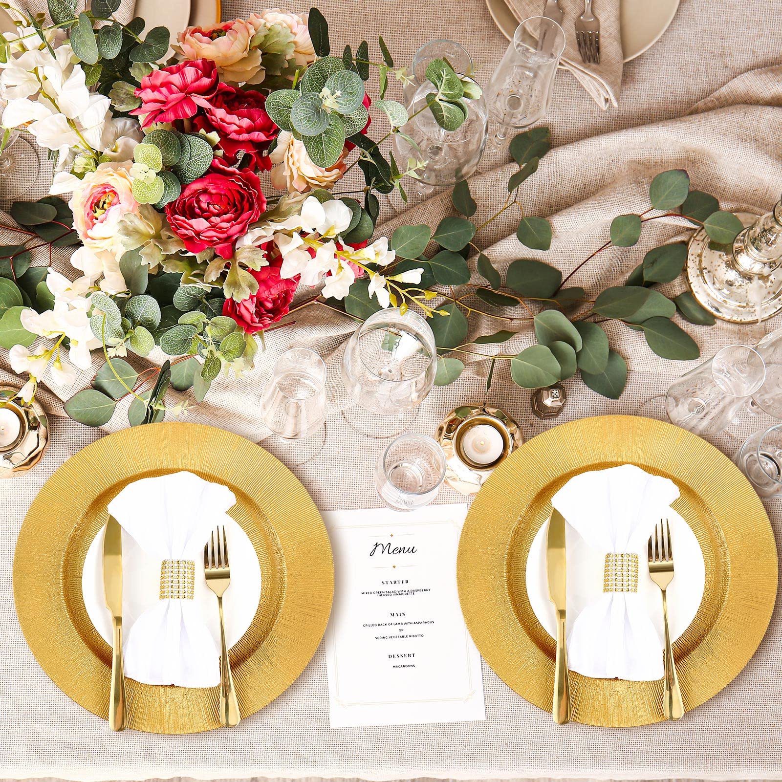 Tanlade 50 Pcs Gold Charger Plates Bulk, 13 Round Plastic Dinner Charger Plate, Shiny Golden Table Chargers Serving Plates Cater