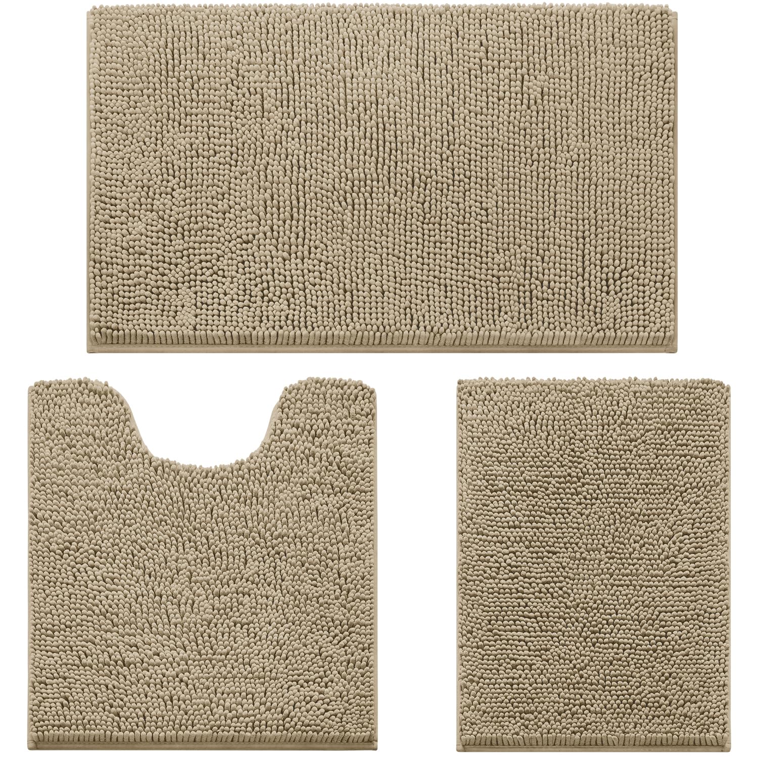 HOMEIDEAS 3 Pieces Bathroom Rugs  Ultra Soft Non Slip Absorbent Chenille Toilet Bath Mat Set (Taupe)