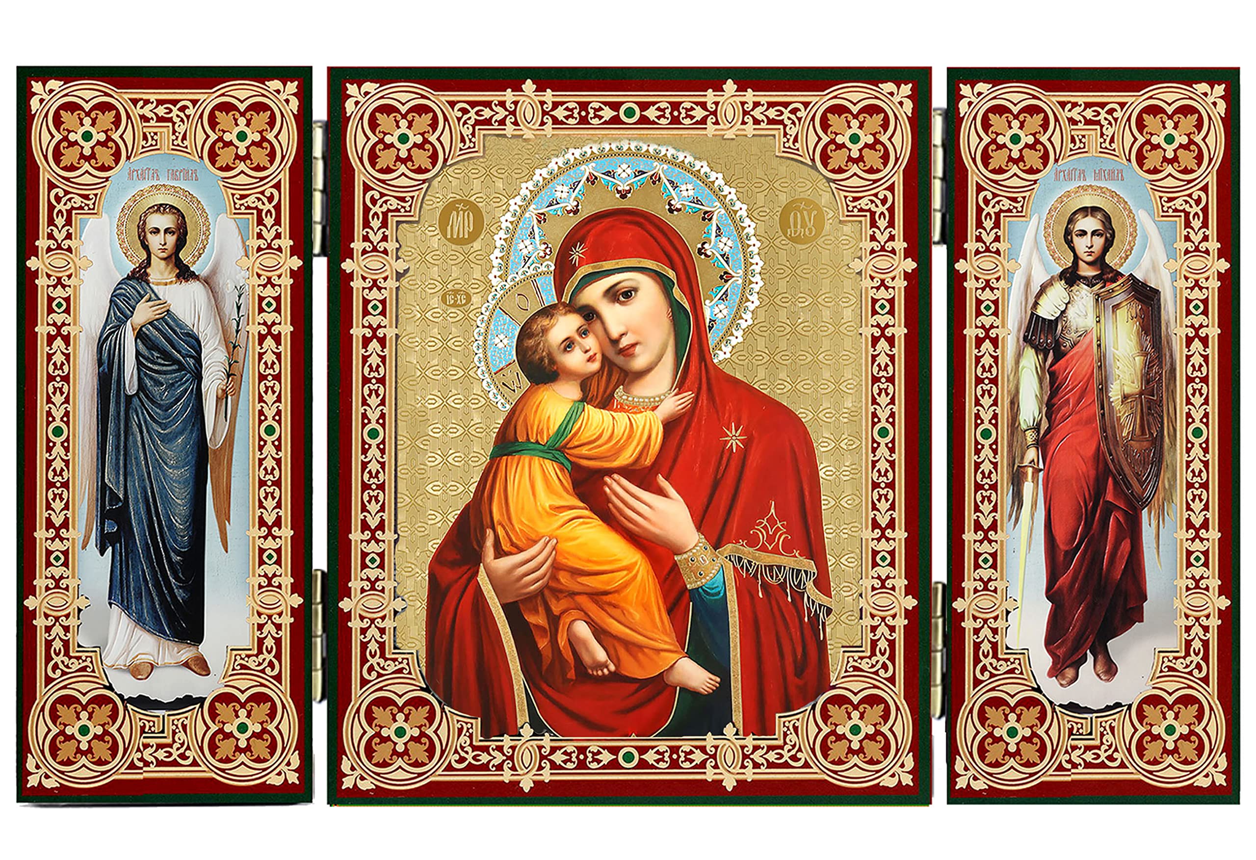 Needzo Virgin Mary Icon Triptych, Virgin of Vladimir Saint Mary and Christ With Archangels Saint Michael and Saint Gabriel, Reli