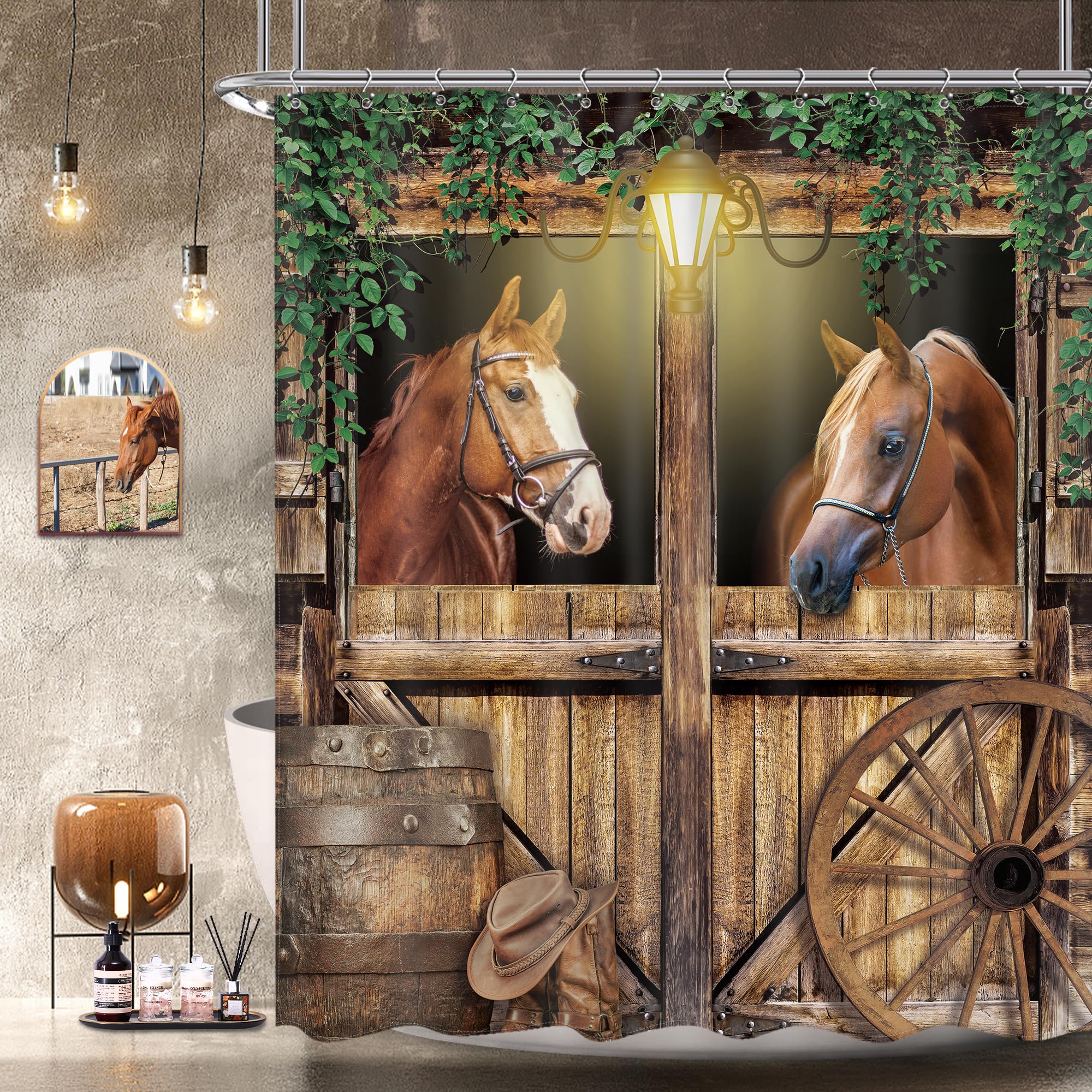 Newsely Western Horse Barn Door Shower Curtain 72Wx72H Inch Farmhouse Cowboy Old Wild West Green Leaves Shower Curtain Bathroom