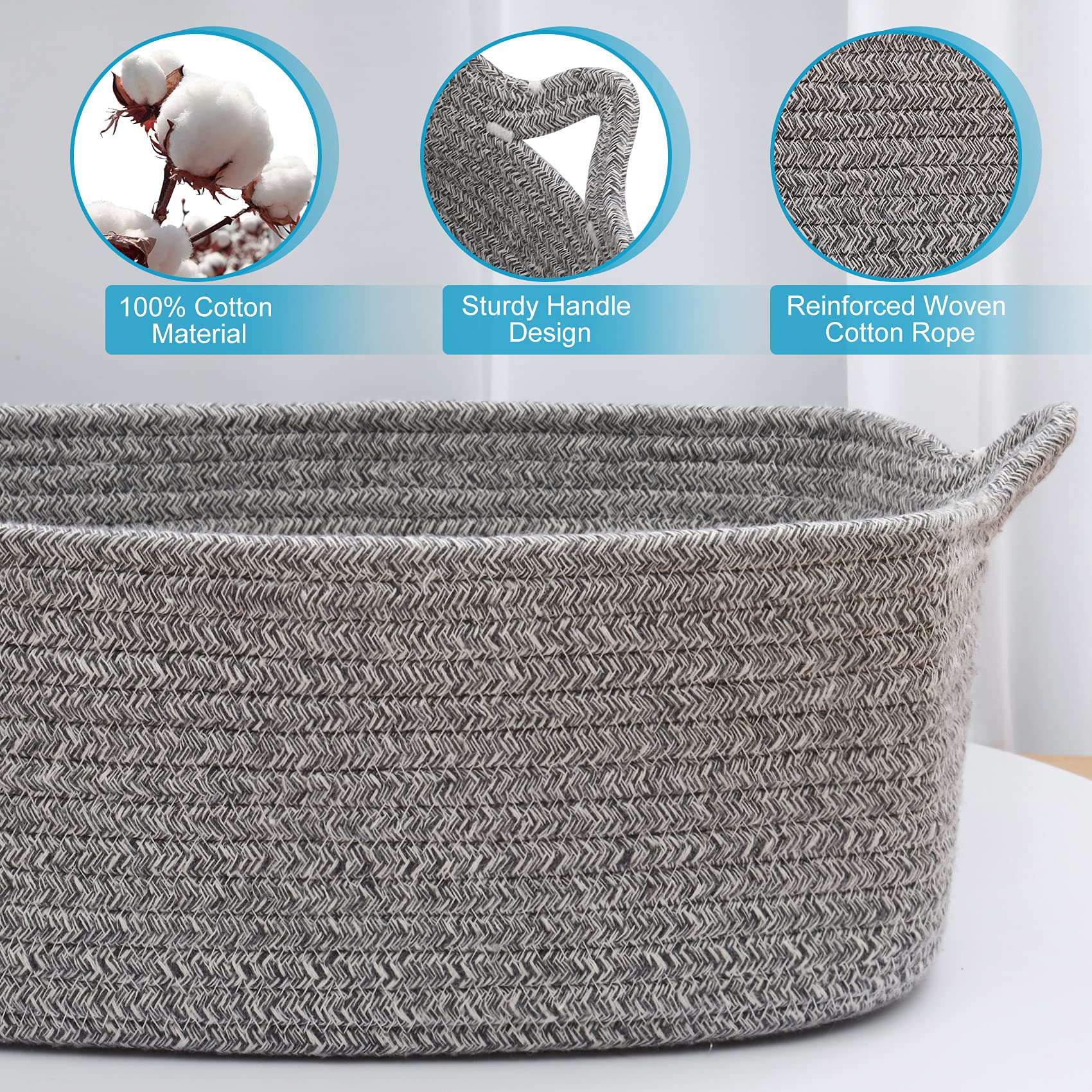 ABenkle Rope Storage Basket  13.5''x 10''x 5'' Cotton Woven Dog Cat Toy Bins  Cube Soft Baskets with Handles  Decorative Shelves Closet Organizing for Nursery Laundry Bedroom Bathroom - Grey