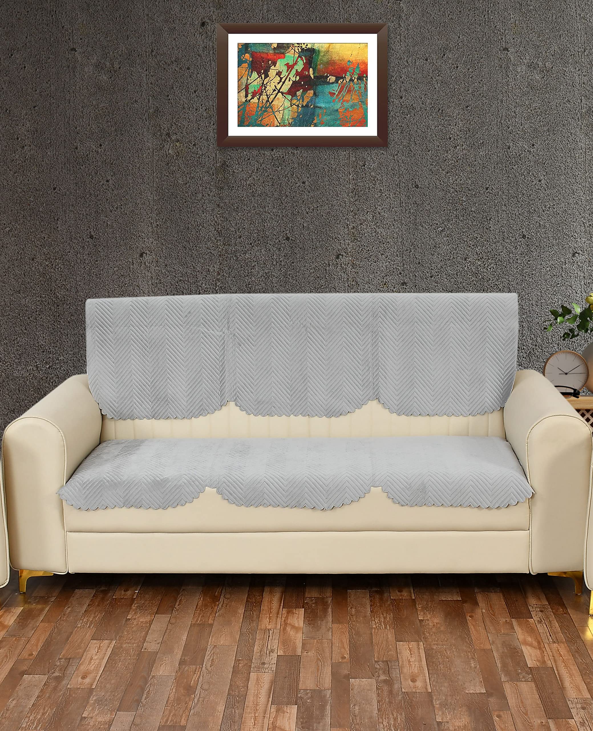 Yellow Weaves Velvet 3 Seater Quilted Sofa Cover And Chair Cover, Seat & Back Cover, Color - Light Grey