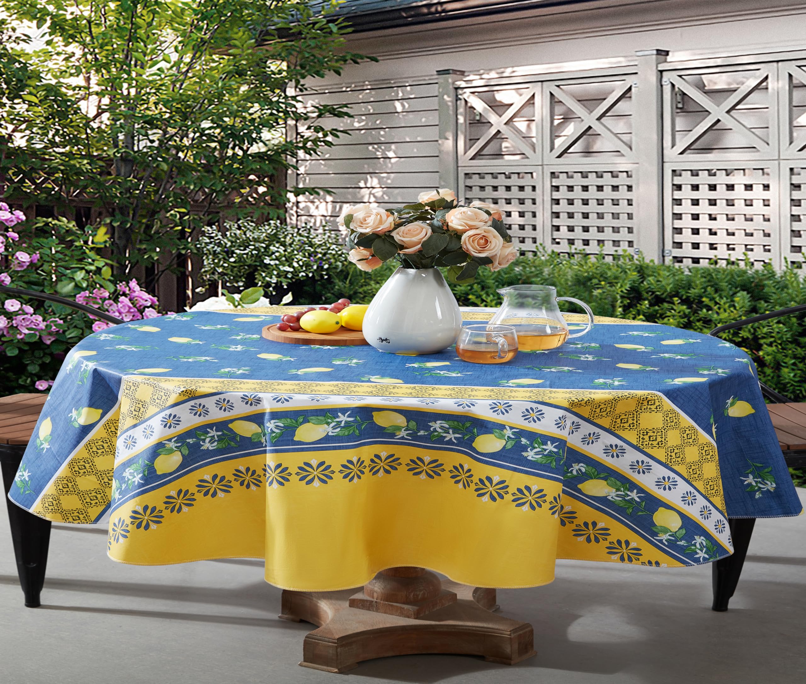 Home Bargains Plus Oval Vinyl Tablecloth With Flannel Backing, 60 X 84 Inch, French Country Lemon Grove, Yellow And Blue Lemons