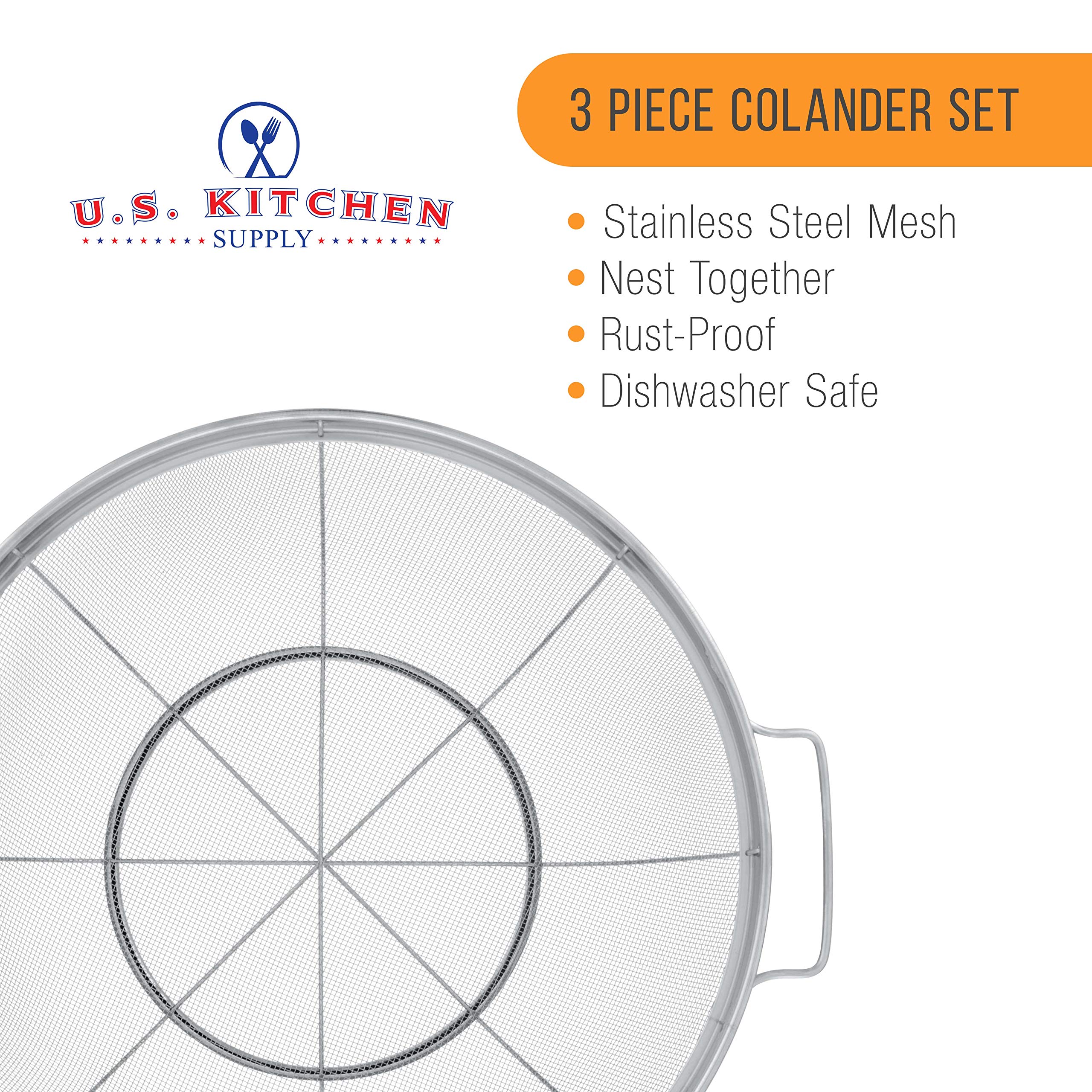 U.S. Kitchen Supply - 3 Piece Colander Set - Stainless Steel Mesh Strainer Net Baskets With Handles & Resting Base - 11'' 5 Quar