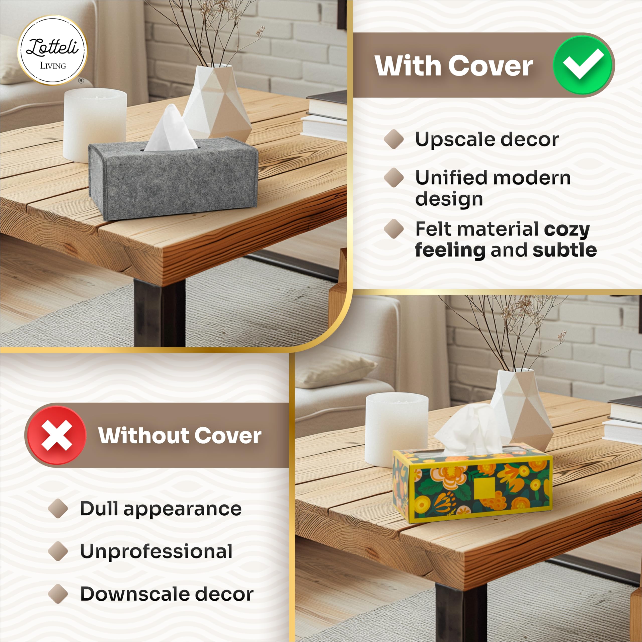 2 Pack Tissue Box Cover - Decorative Tissue Box Holder - Modern Felt Tissue Box Cover Rectangle - Medium Size - Taupe