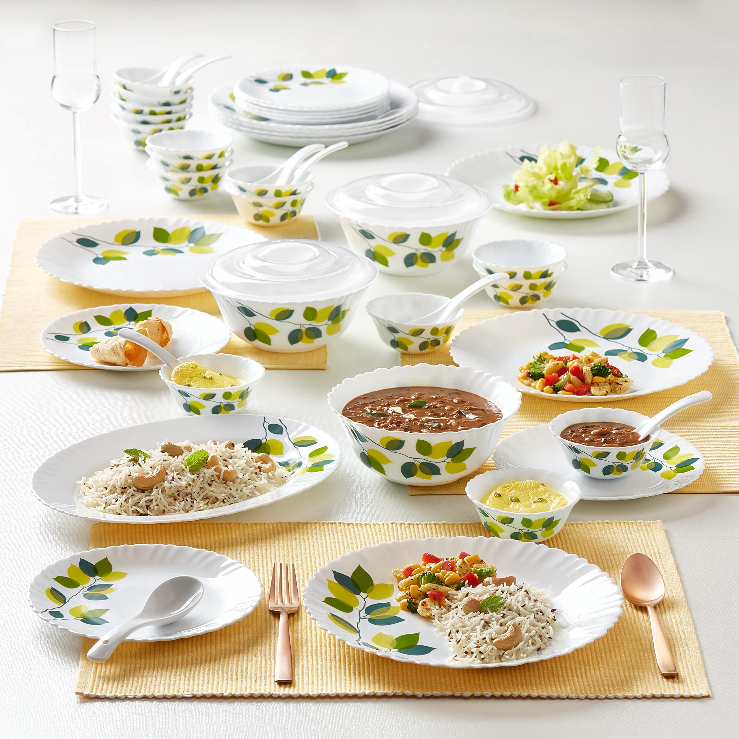 Borosil Gourmet Dinnerware Set For 6, 19 Pieces, White Dinner Plates and Bowls Sets, Chip Resistant Tempered Opal Glass, Stain R