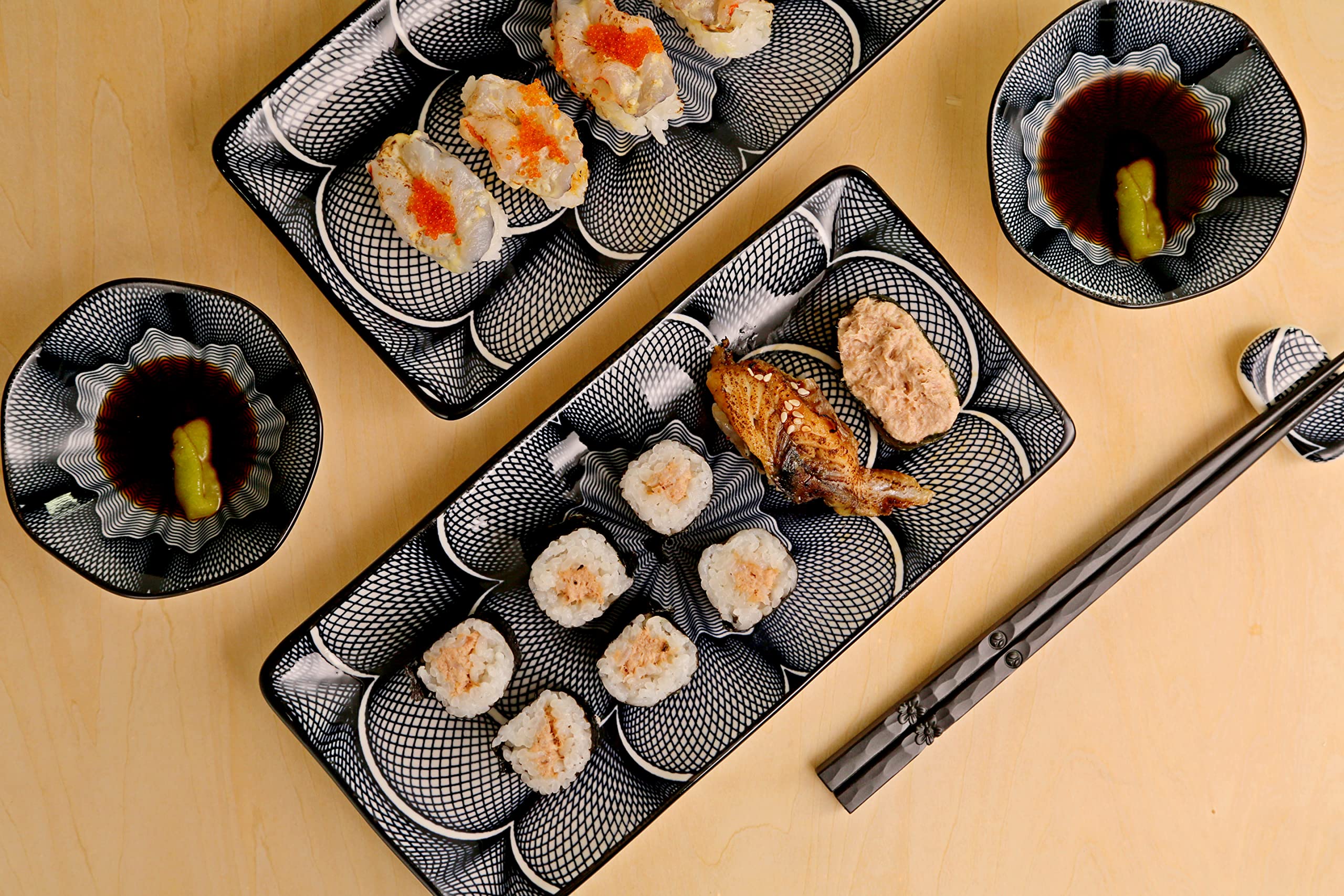 Elush 8 Piece Japanese Style Ceramic Sushi Plate Set 10-Inch Rectangle Sushi Dishes- 2 Sushi Plates, 2 Sauce Dishes, 2 Pairs Of