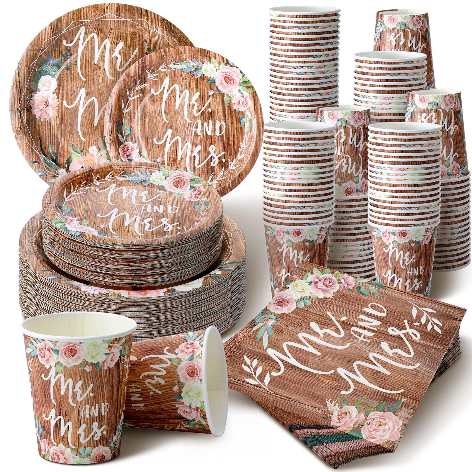 Zhehao 250 Pcs Bridal Shower Plates And Napkins Rustic Plates Mr. And Mrs. Wedding Plates Napkins Wedding Party Decorations Disp