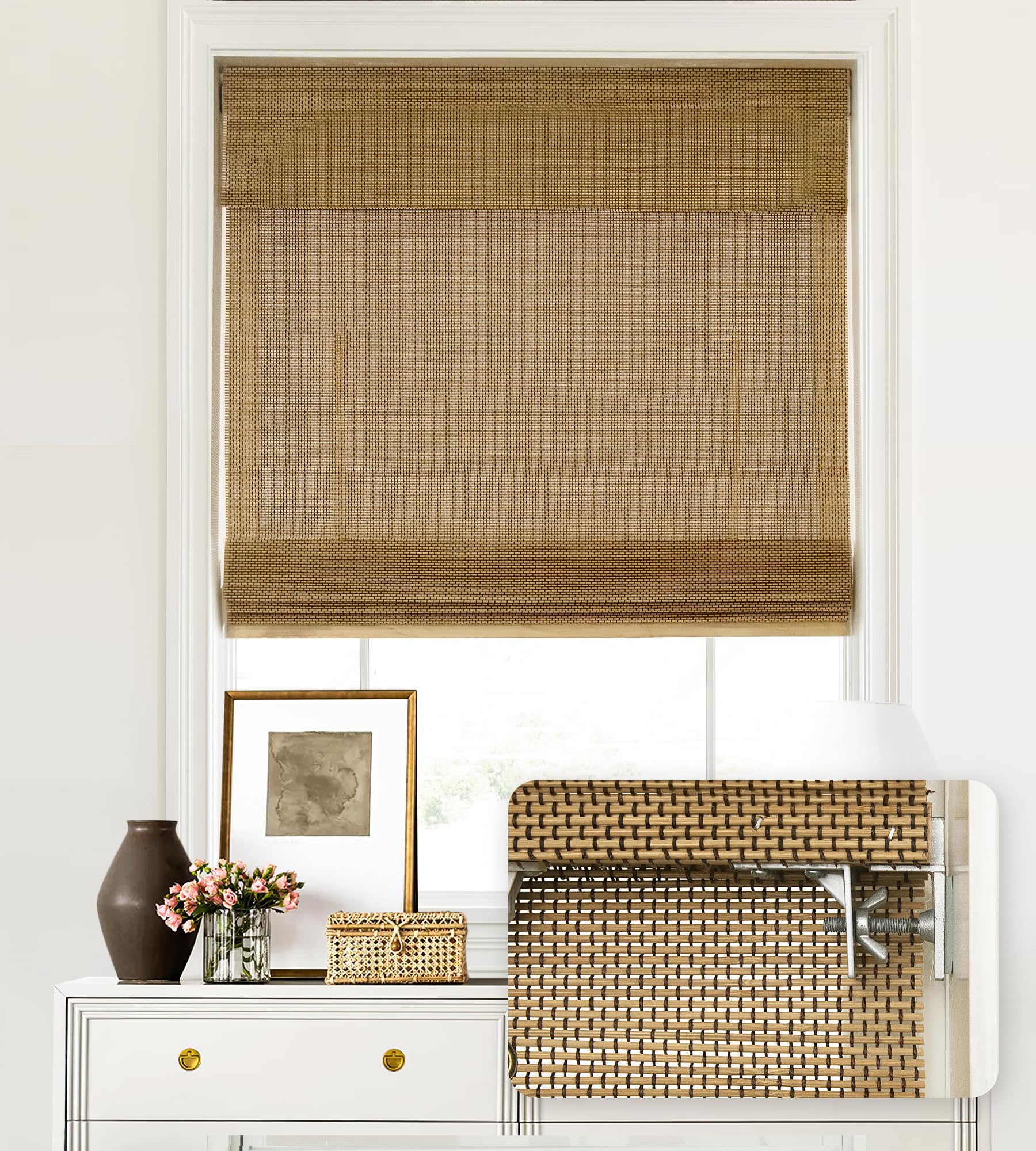 LazBlinds No Tools No Drill Cordless Bamboo Roman Shades, Light Filtering Window Treatment, Roll Up Bamboo Blinds for Windows 48