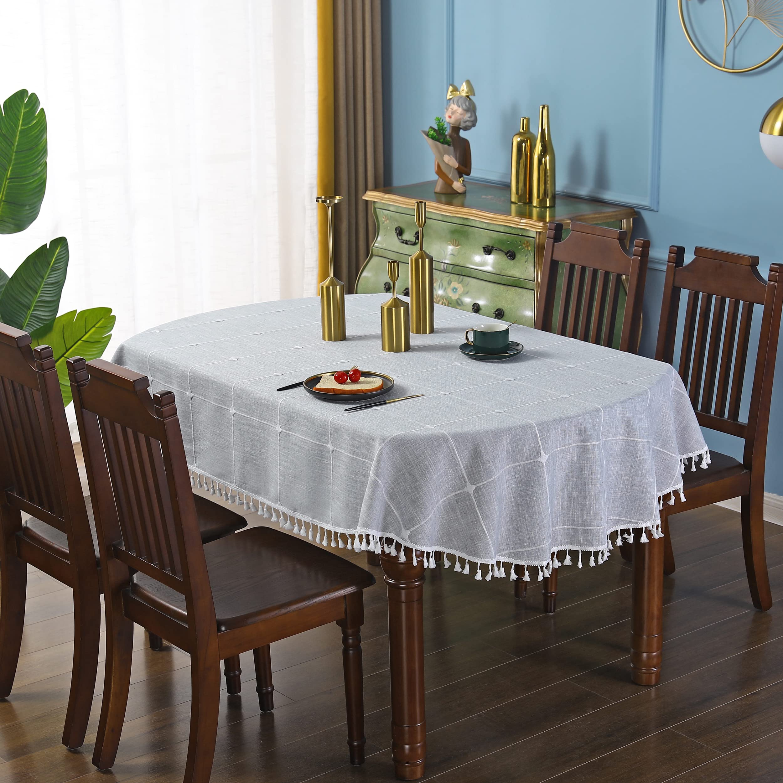 Grey Embroidery Lattice Oval Tablecloth with Tassel Heavy Duty Rustic Fabric Table Cover Wrinkle Resistant Washable Kitchen Dining Party Wedding Decoration 60 x 102 Inches