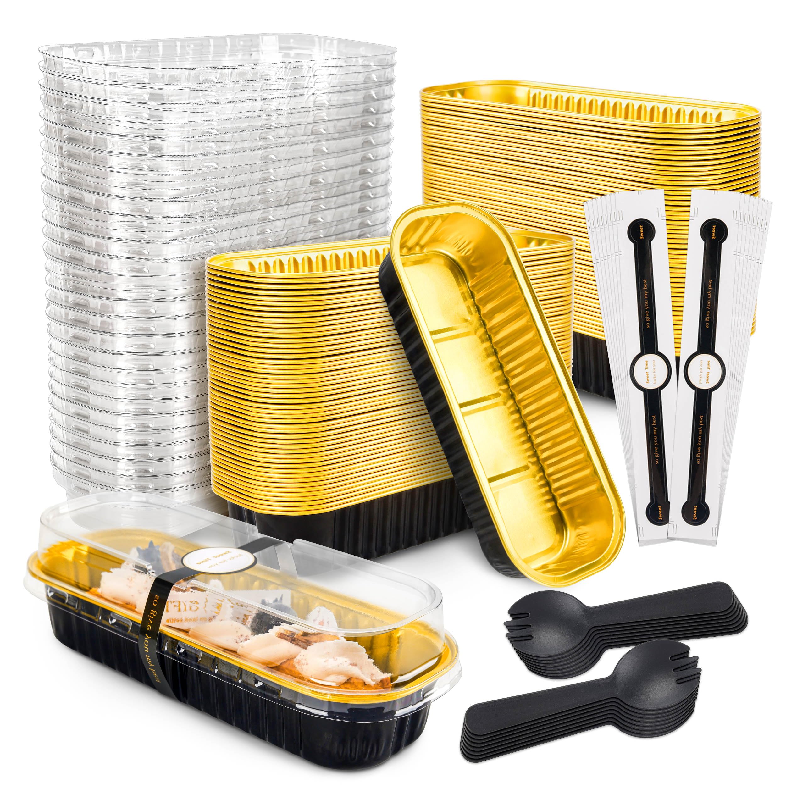 NPLUX 100 Pack Mini Cake Pans with Lids and Spoons Black Gold Rectangular Aluminum Foil Baking Pans Mini Cheesecake Containers(6