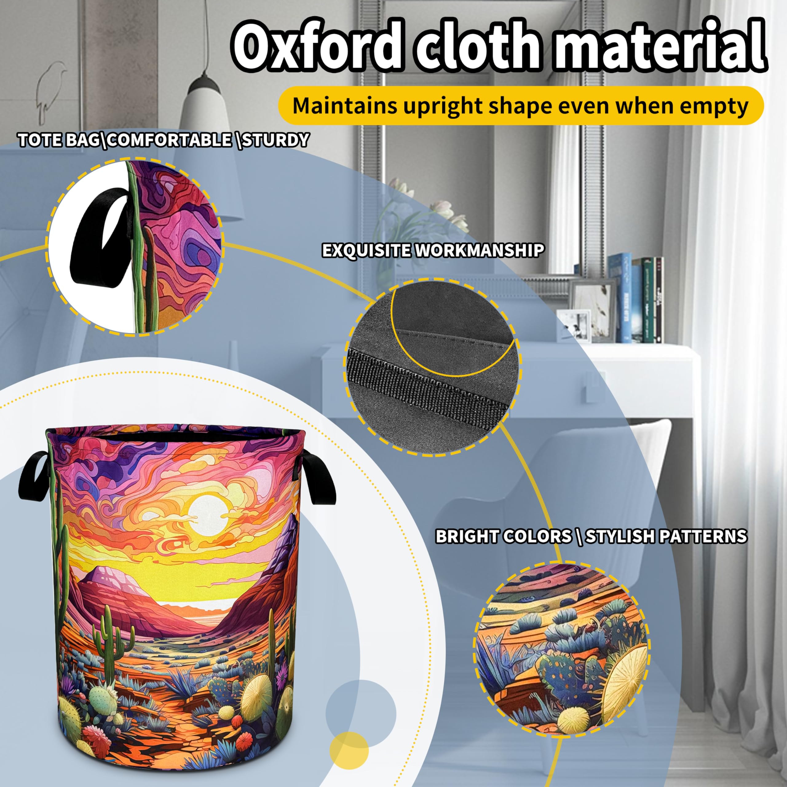 Desert Cactus Laundry Basket Colorful Scenery Mountain Foldable Oxford Cloth Funny Tote Bag Laundry Hamper Clothes Storage Bucke