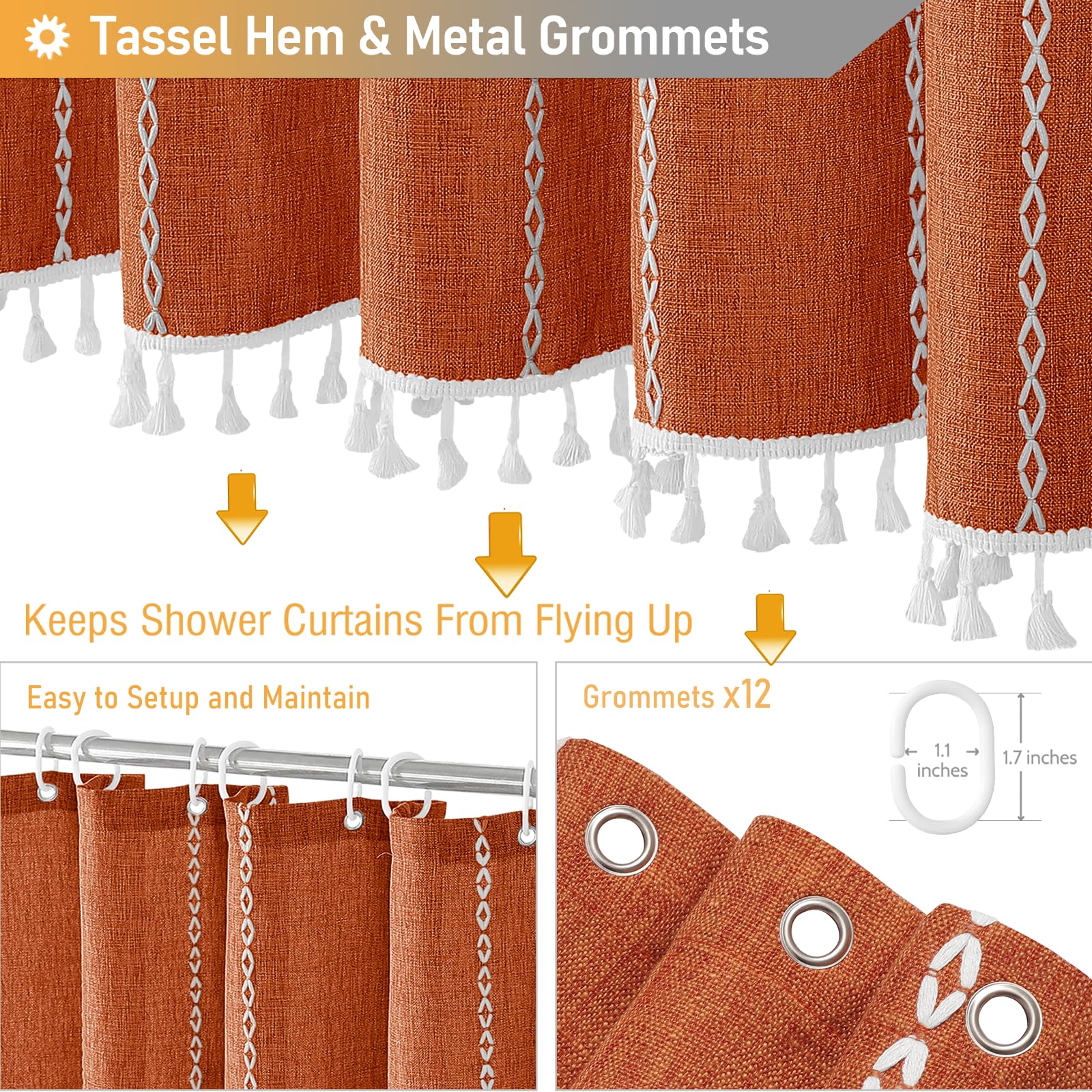 Bttn 78 Inch Long Shower Curtain - Boho Farmhouse Striped Linen Fabric Shower Curtain Set With Tassel, Water Repellent, Tall Cou