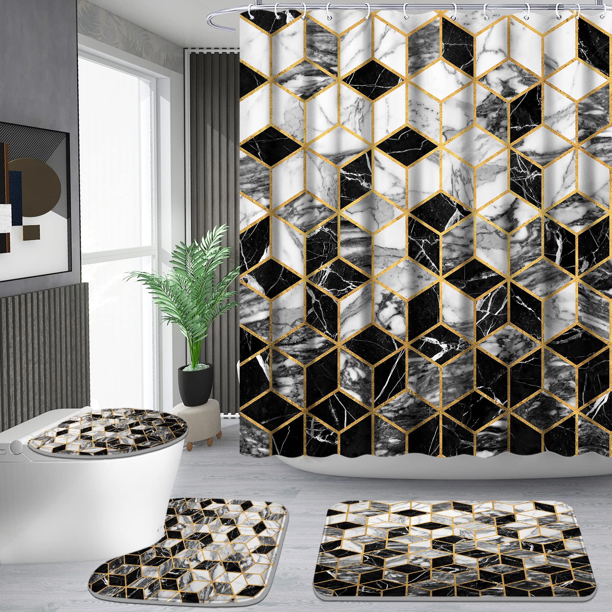 Poedist 4 Pcs Bathroom Shower Curtain Set, Honeycomb Marble Bathroom Sets With Rugs(Bath Mat,U Shape And Toilet Lid Cover Mat) A