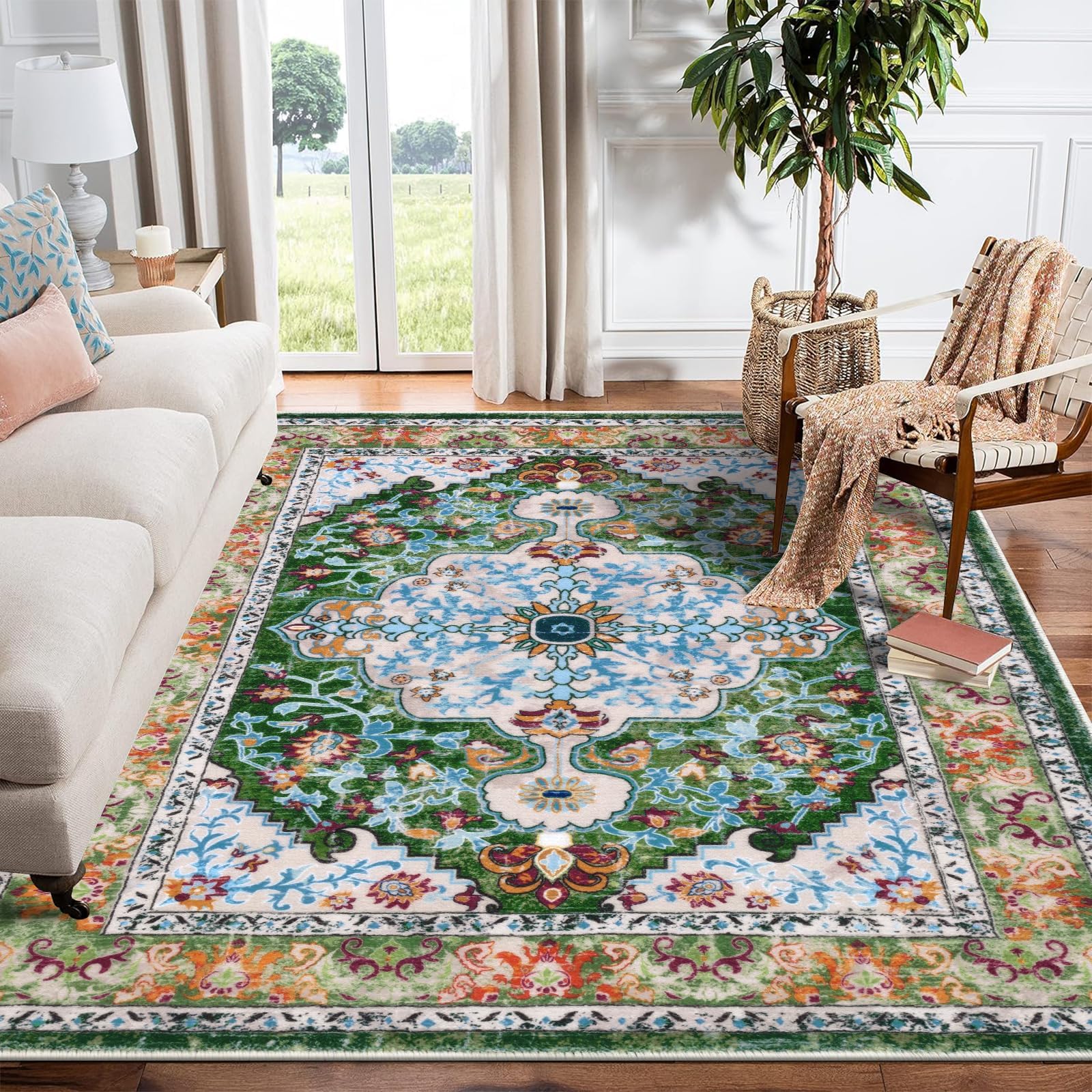 UArtlines Boho Vintage Area Rug 6x9 Machine Washable Low Pile Soft Floor Carpet Non Slip Non Shedding Accent Rug for Living Roo