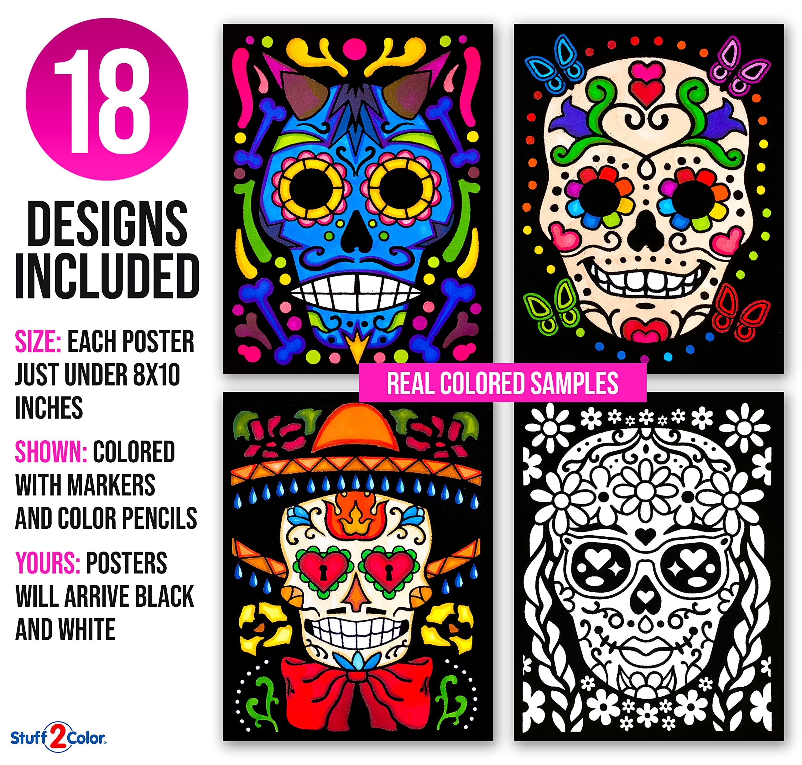 Stuff2Color Super Pack Of 18 Fuzzy Velvet Coloring Posters (Sugar Skulls Edition) - Great Kid Friendly Halloween, Day Of The Dea