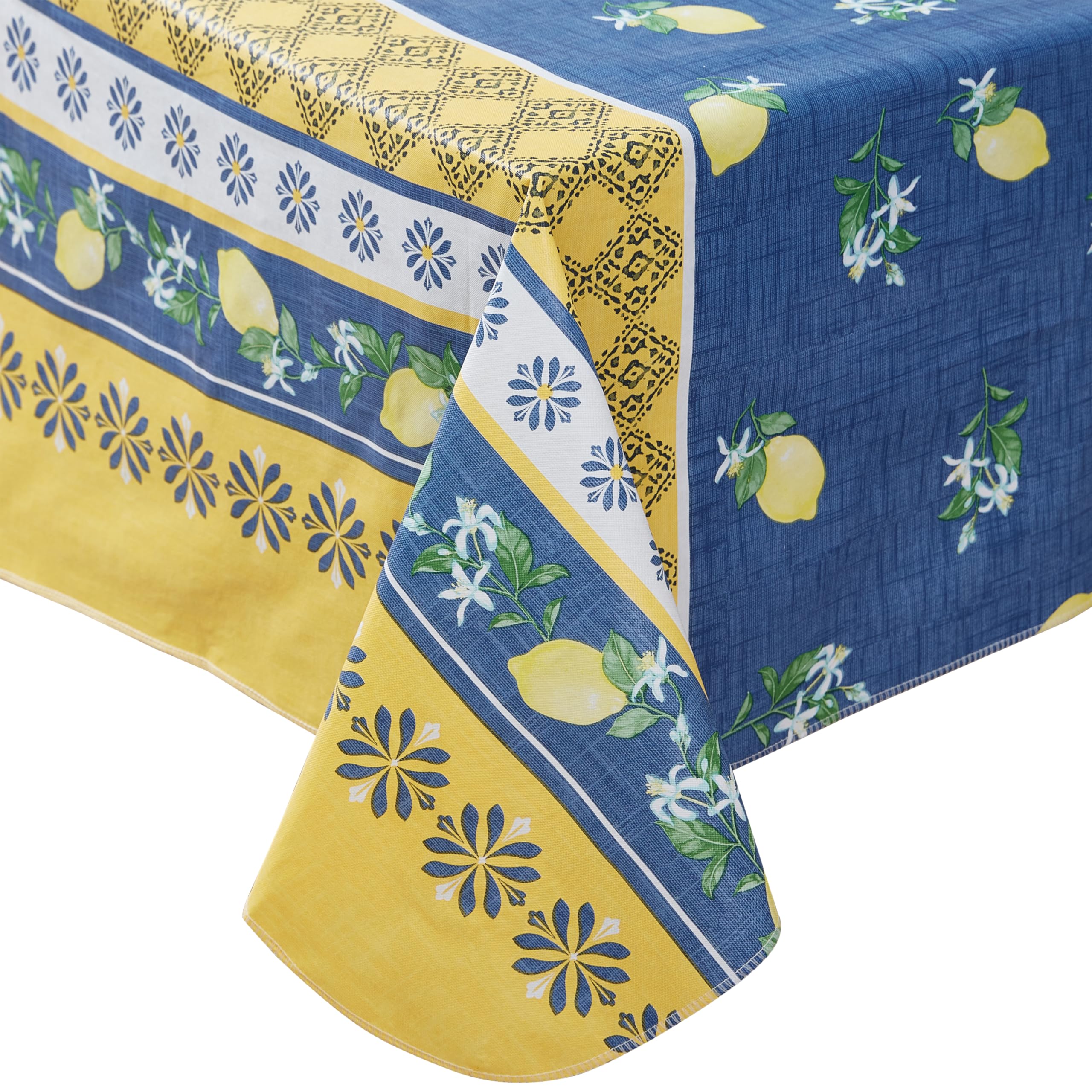 Home Bargains Plus Square Vinyl Tablecloth With Flannel Backing, 52 X 52 Inch, French Country Lemon Grove, Yellow And Blue Lemon