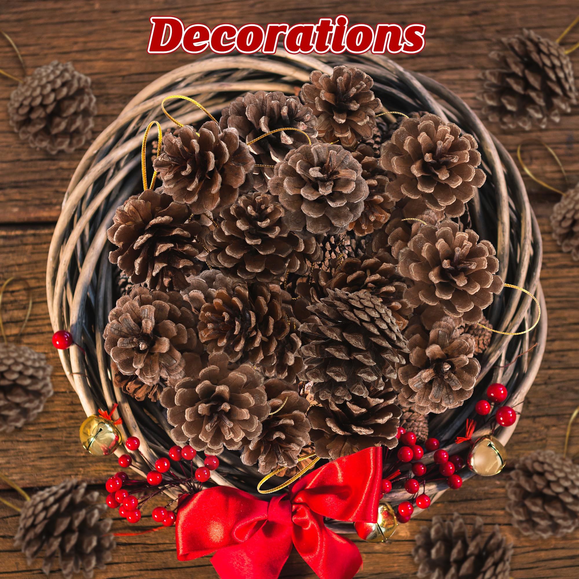 50 Pack Pine Cones, 1.96 Inches Natural Pinecone Ornaments, Pine Cones for Crafts, Rustic Pinecones with Gold String for DIY Win