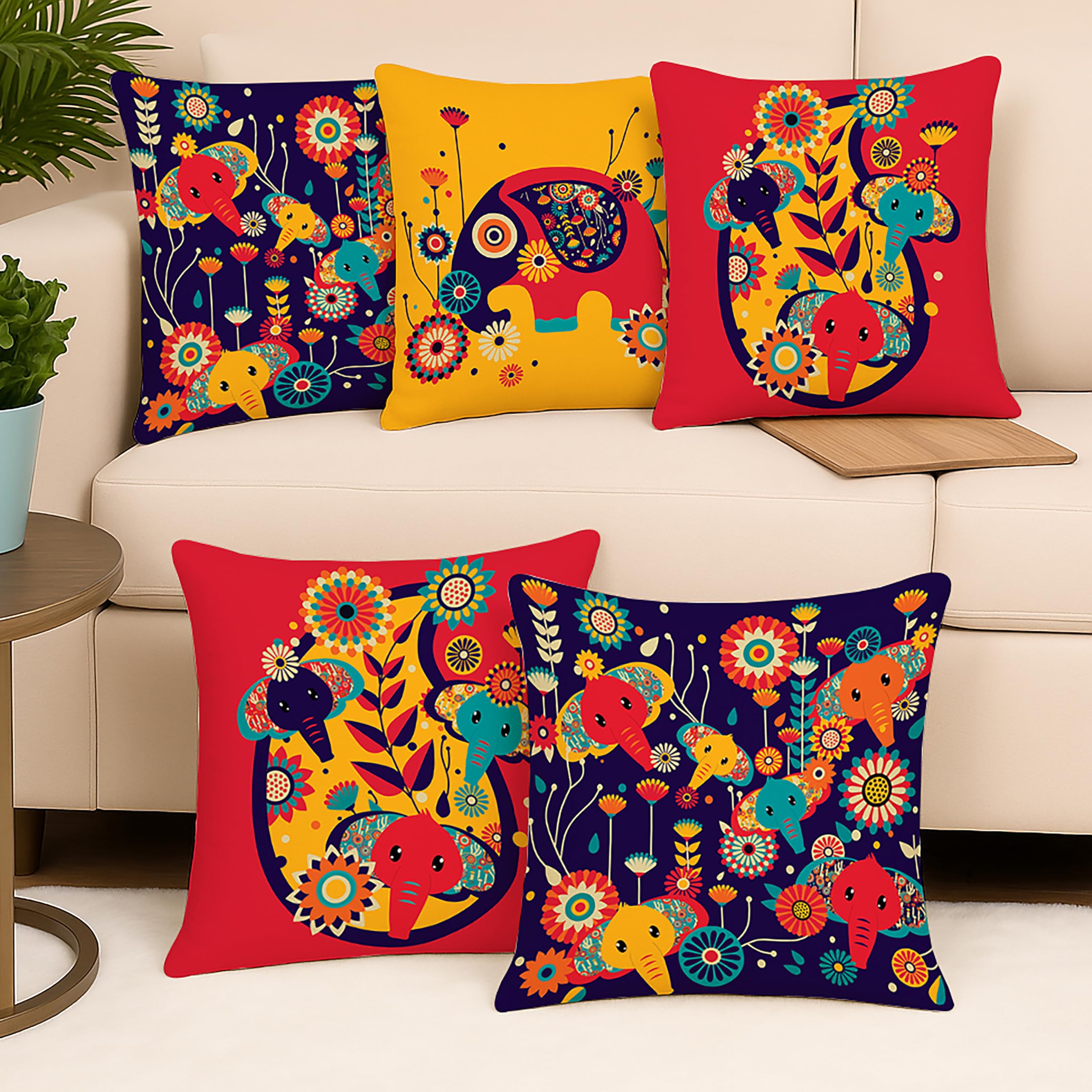 Amazon Brand - Umi Unique Cute Elephant Cartoon Blue Printed Jute Cushion Covers, Set Of 5 (24 X 24 Inches)