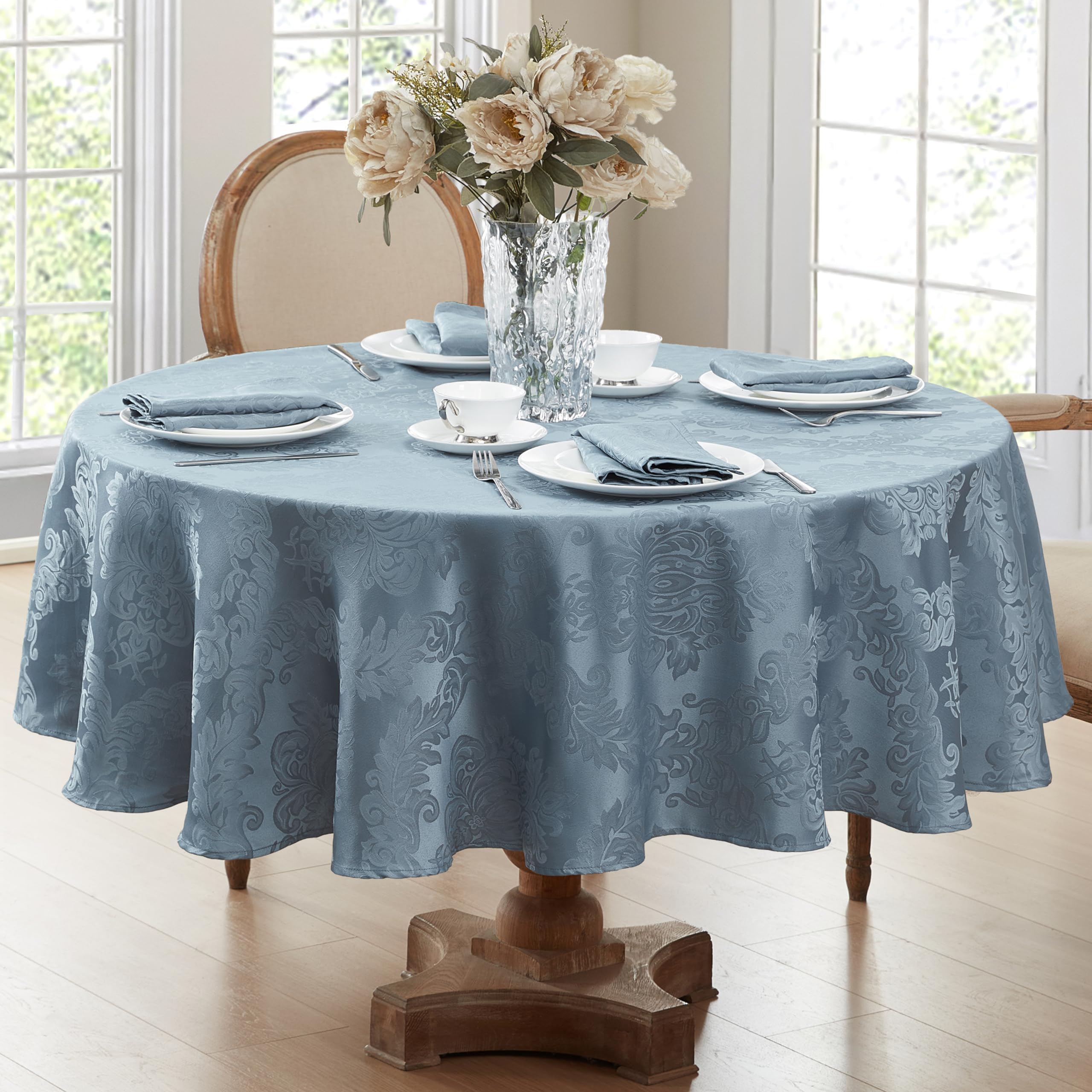 Newbridge Barcelona Damask Fabric Tablecloth, 90 Inch Round, Blue - No Iron, Soil Resistant Table Cover for Dining, Parties and 