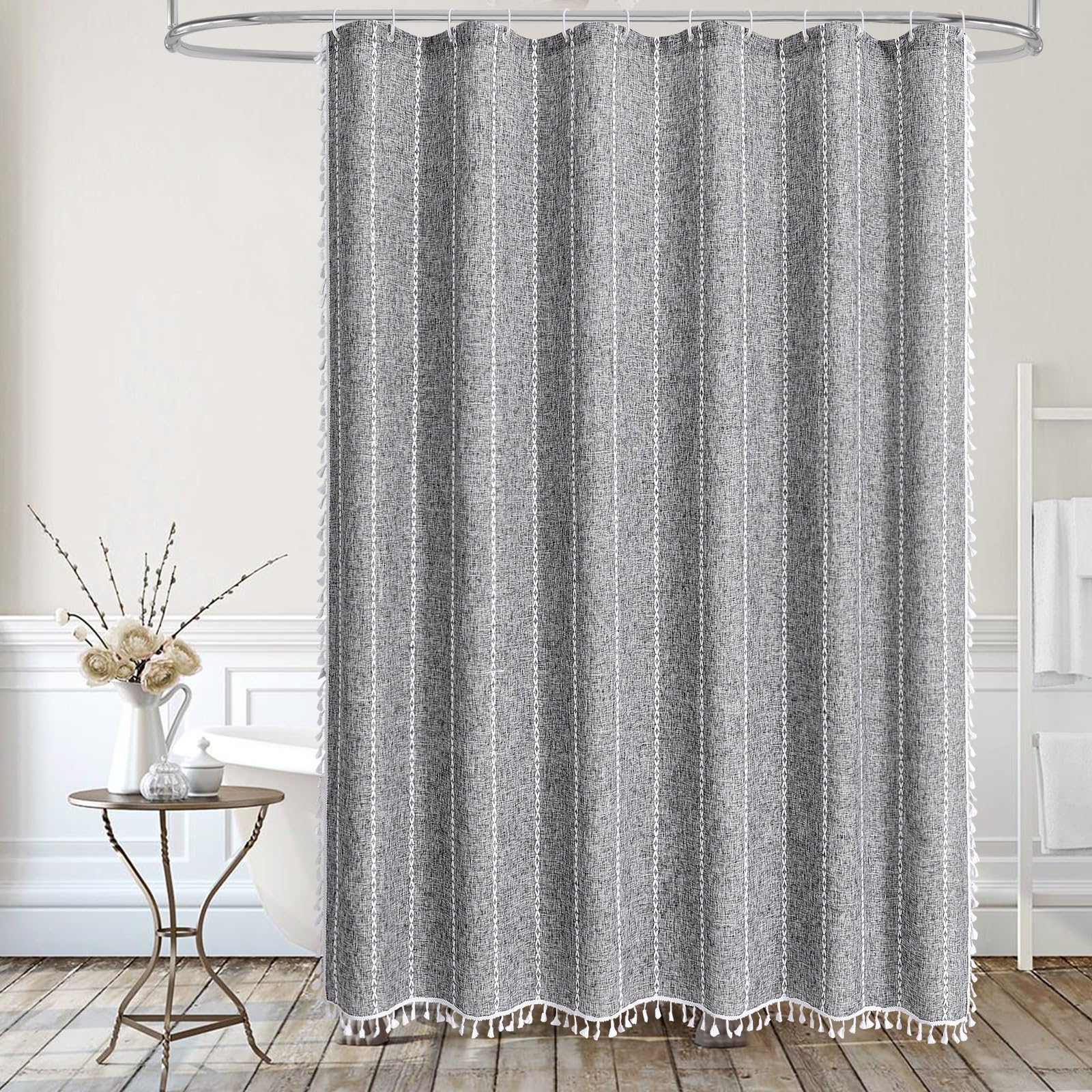 Mitovilla Dark Grey Farmhouse Shower Curtain Set 72 X 78, Boho 78 Inch Long Cotton Linen Tassel Fabric Shower Curtain Set For Ch