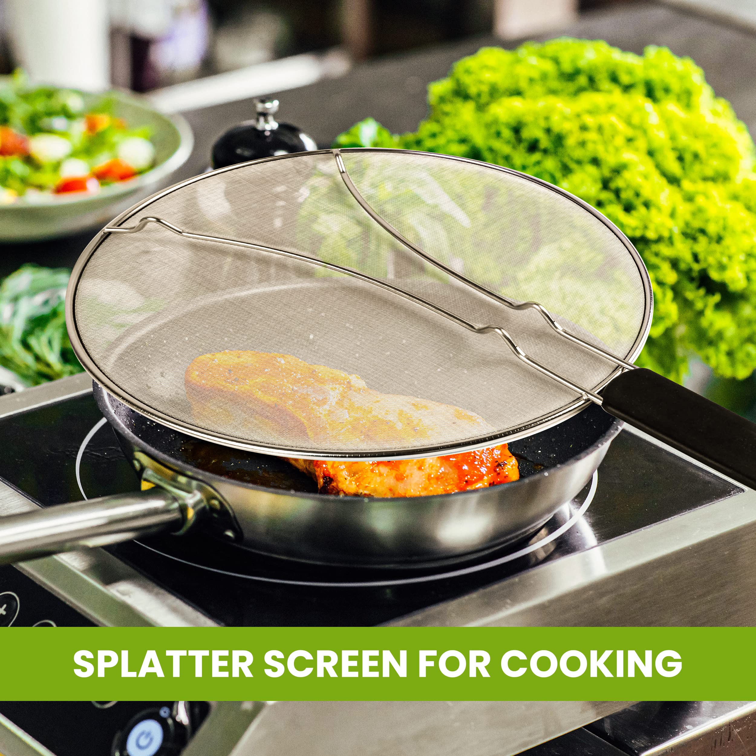 13'' Grease Splatter Screen For Cooking | Stainless Steel Oil Splatter Guard And Ultra-Fine Mesh Protects Skin From Burns | Tpr