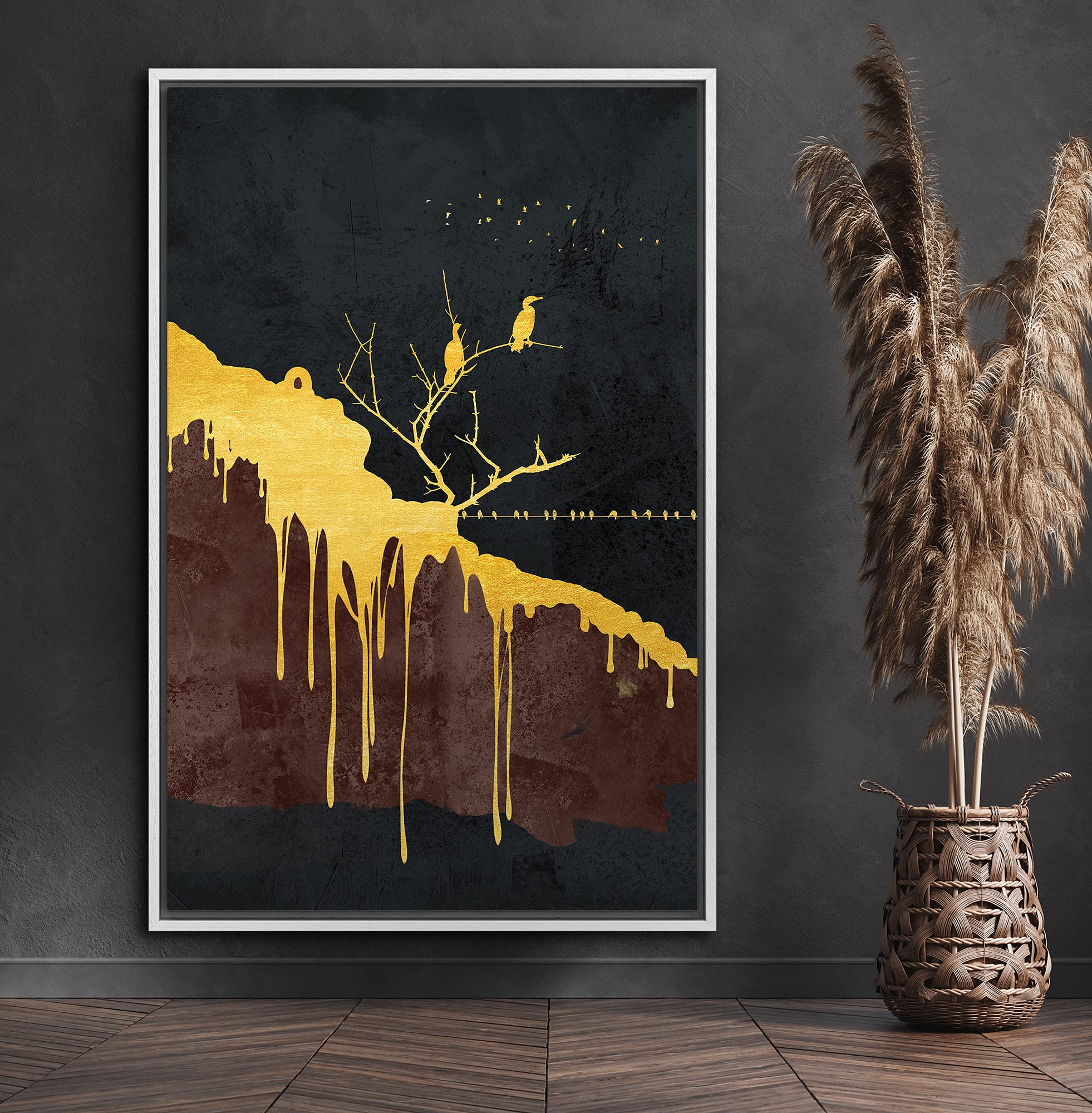 Signford Canvas Print Wall Art Dripping Gold Foil Tree With Birds On Branches Abstract Shapes Illustrations Modern Art Alternati