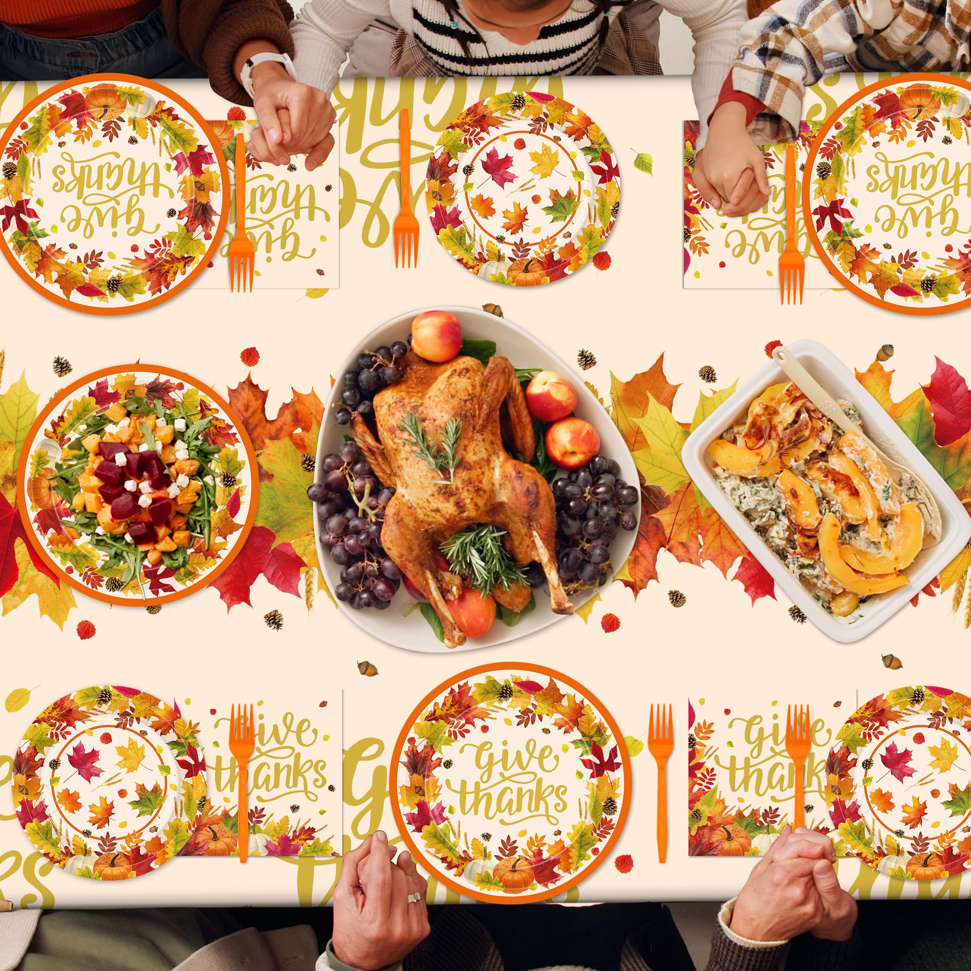 QZYL 122 PCS Thanksgiving Dinnerware Set, Disposable Paper Plates and Napkins, Maple Leaves Dinner Plates Dessert Tray Napkins F