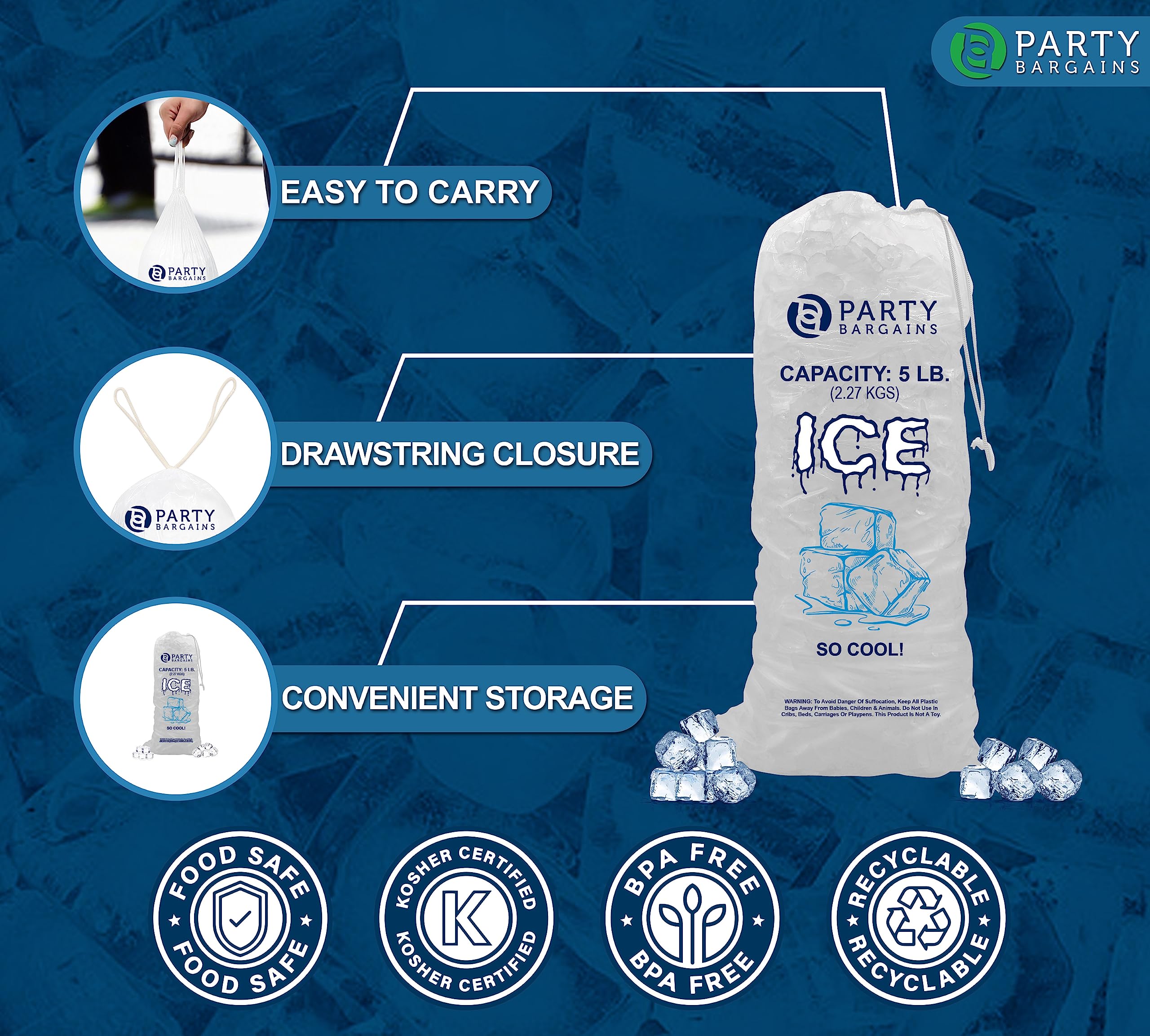 Party Bargains 5 Lb Plastic Drawstring Ice Bags 17''X9'' (1000 Count)