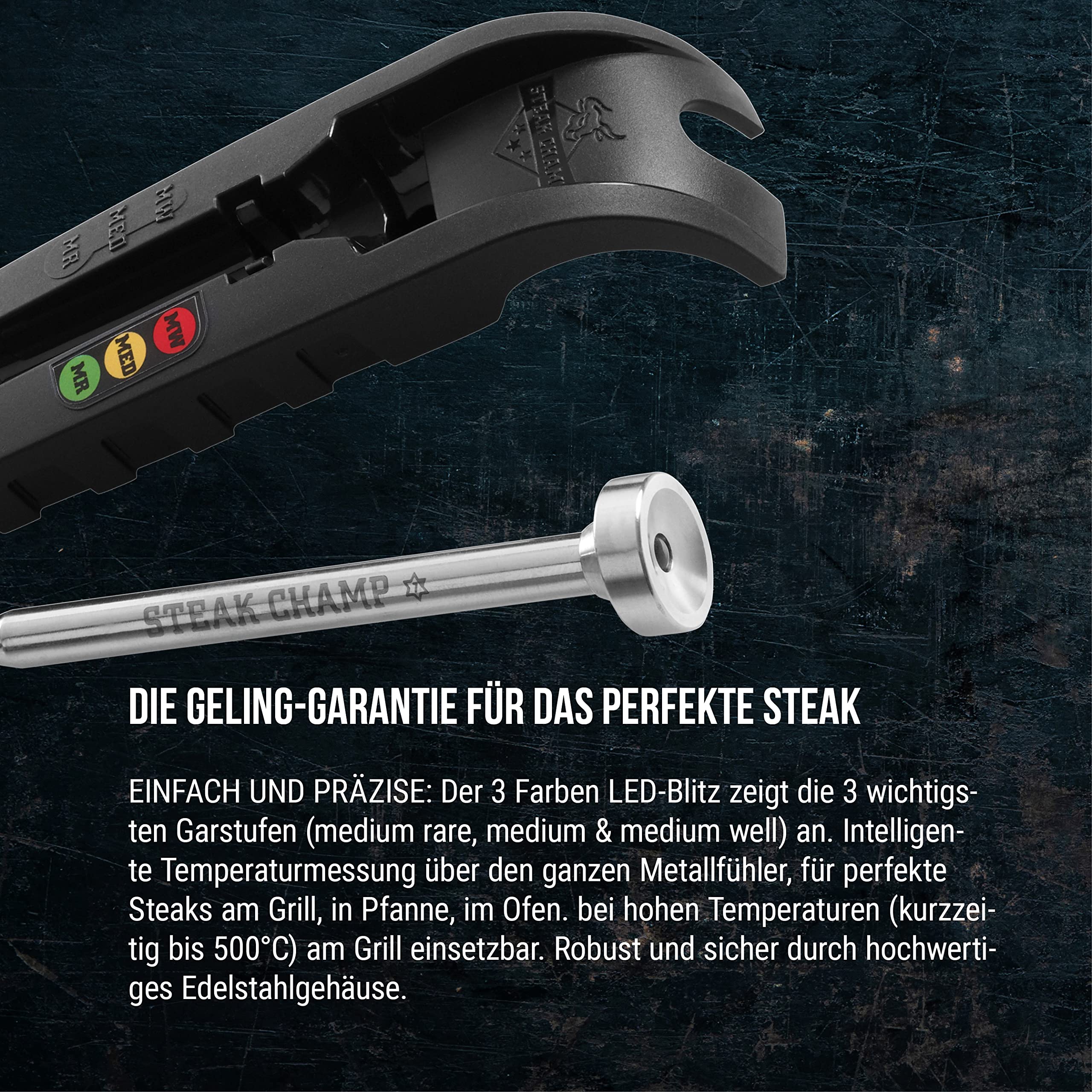 Steakchamp 3C Black, The Steak Thermometer, 3-Color Led Thermometer - Version 2021