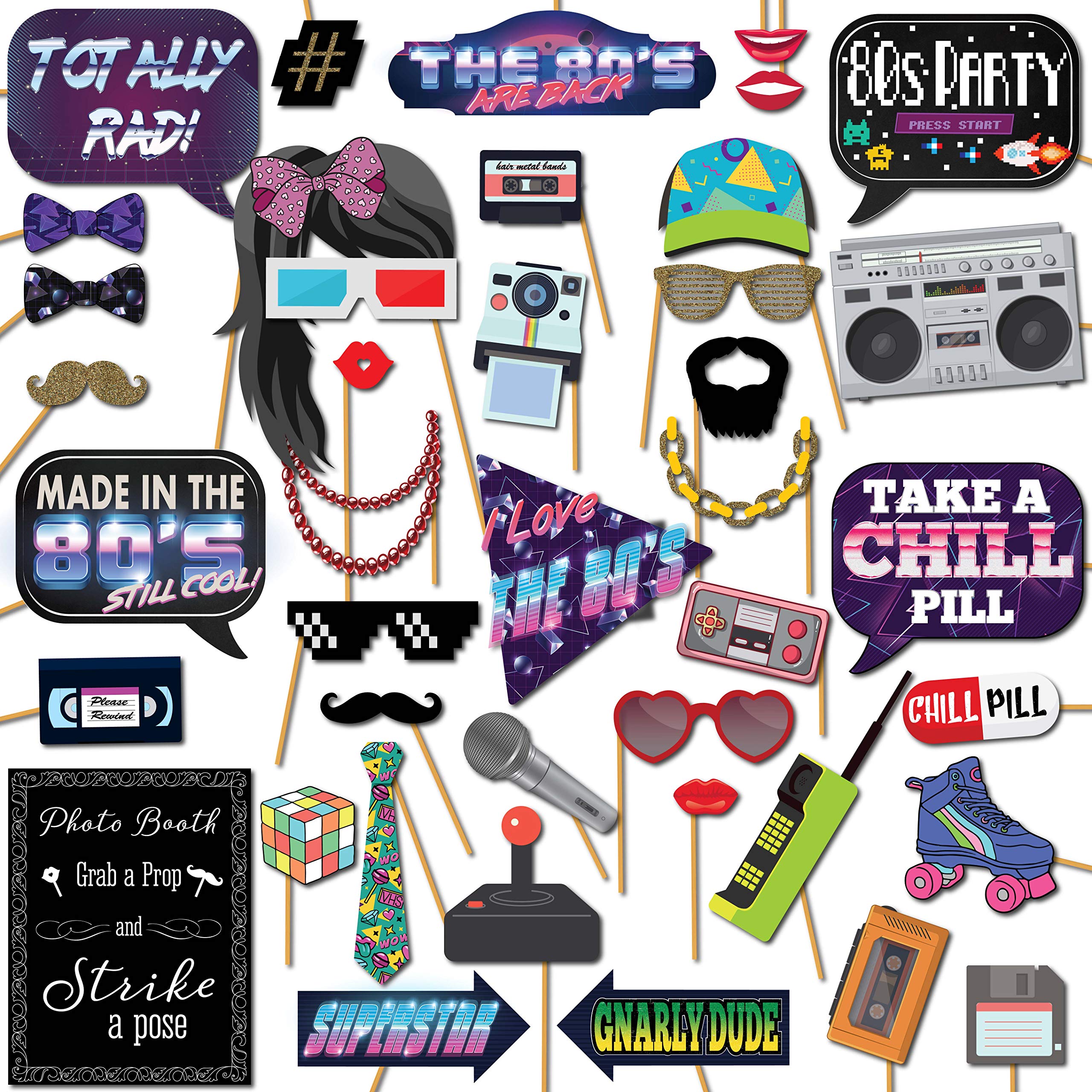 80S Photo Booth Props - 41-Pc Photo Prop Kit With 8 X 10-Inch Sign, 60 Adhesive Pads, 45 Sticks - 80S Decorations - 80S Theme Pa