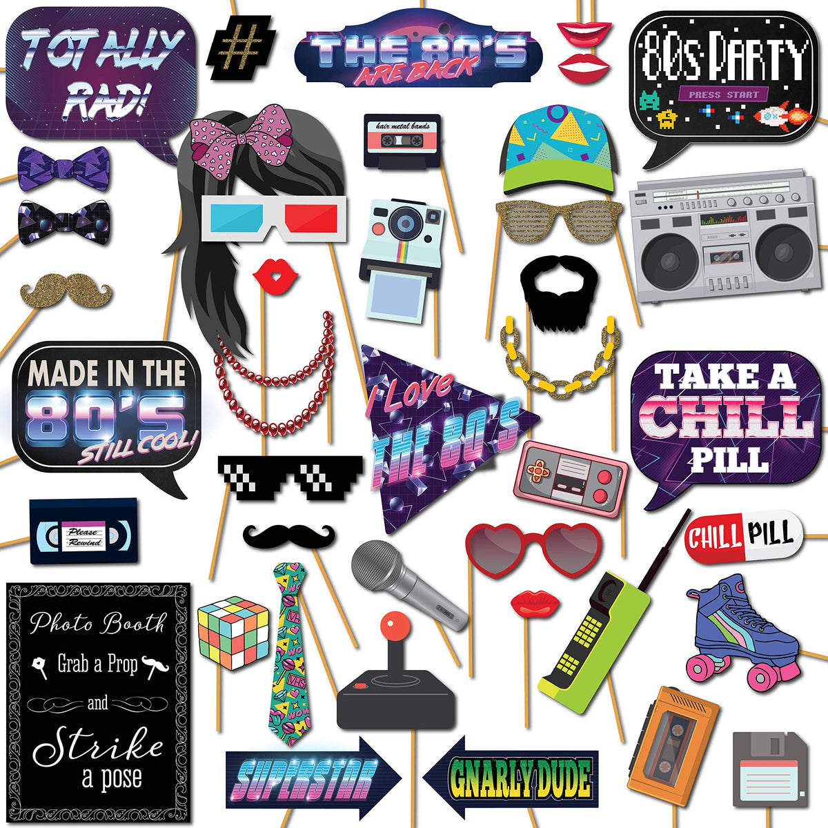 80S Photo Booth Props - 41-Pc Photo Prop Kit With 8 X 10-Inch Sign, 60 Adhesive Pads, 45 Sticks - 80S Decorations - 80S Theme Pa
