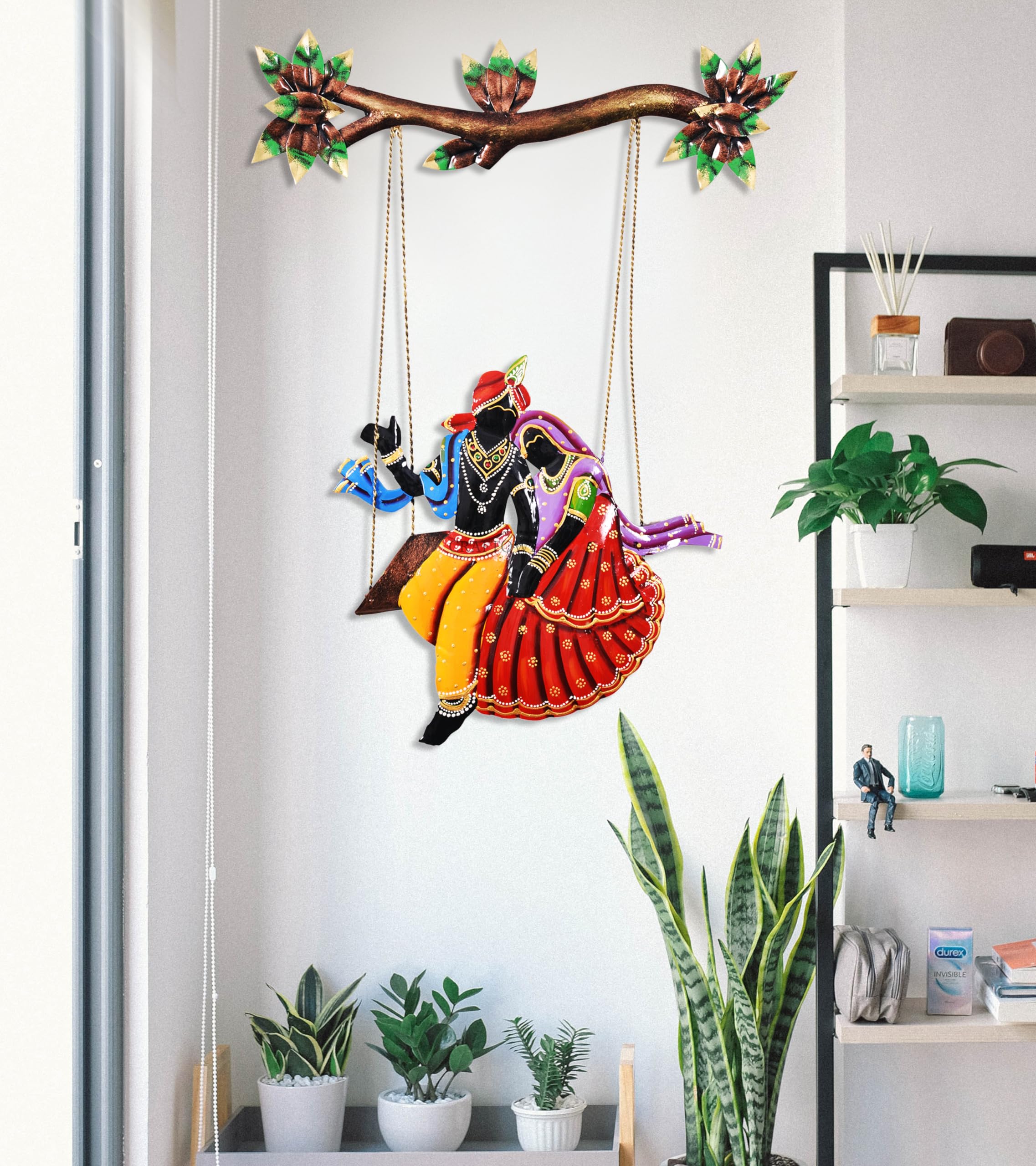 Craftowl Iron Radha Krishna Sitting On Jhula Wall Hanging | Rajasthani Wall Sculpture Figurine For Gift, Home Decor, Living Room