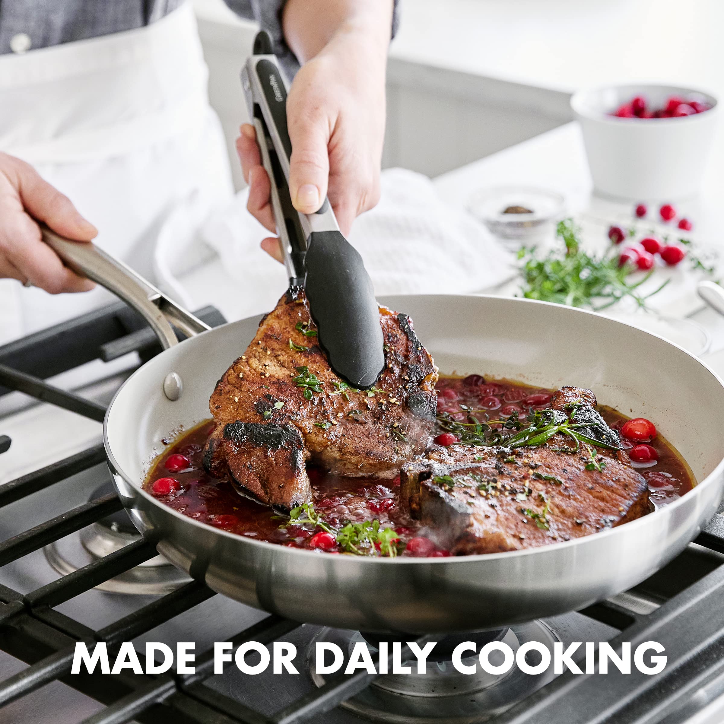GreenPan 5 Piece Silicone Cooking Utensil Set - Nonstick, Stain-Free, Black - Tongs, Turner, Spatula, Skimmer, Slotted Spoon