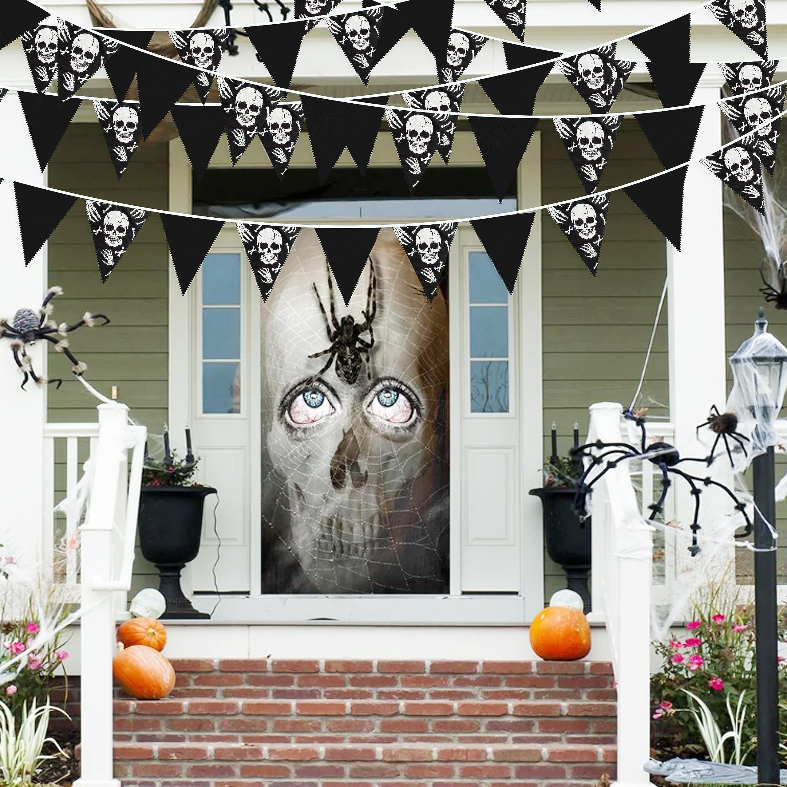 32Ft Black White Halloween Party Decorations Skull Fabric Pennant Pirate Banner Triangle Flag Bunting Garland Streamers For Hall