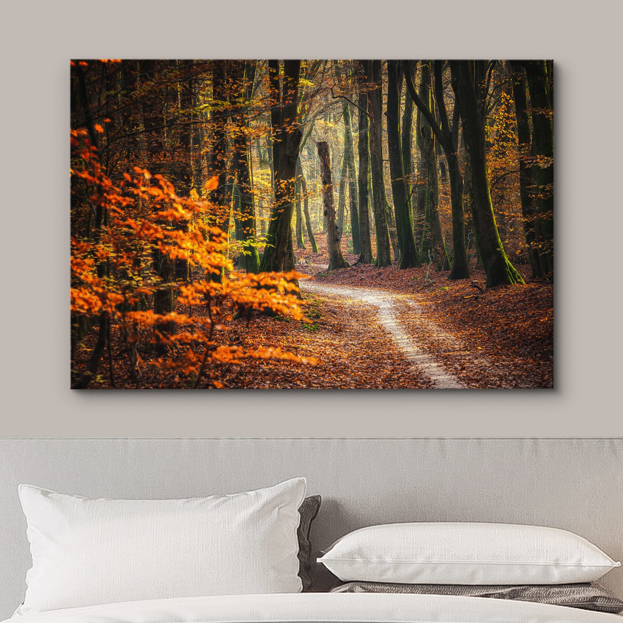 wall26 Canvas Print Wall Art Autumn Fall Orange Leaf Forest Tree Trail Nature Wilderness Photography Realism Earth Scenery Rustic Scenic Landscape Colorful for Living Room  Bedroom  Office - 12''x18''