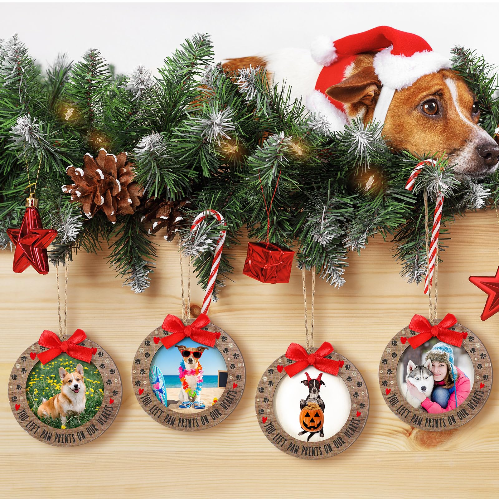 Blulu 24 Pcs Christmas Pet Picture Frames Wooden Dog Paw Memorial Photo Ornaments Snowflake Christmas Tree Decorations Pet Sympa