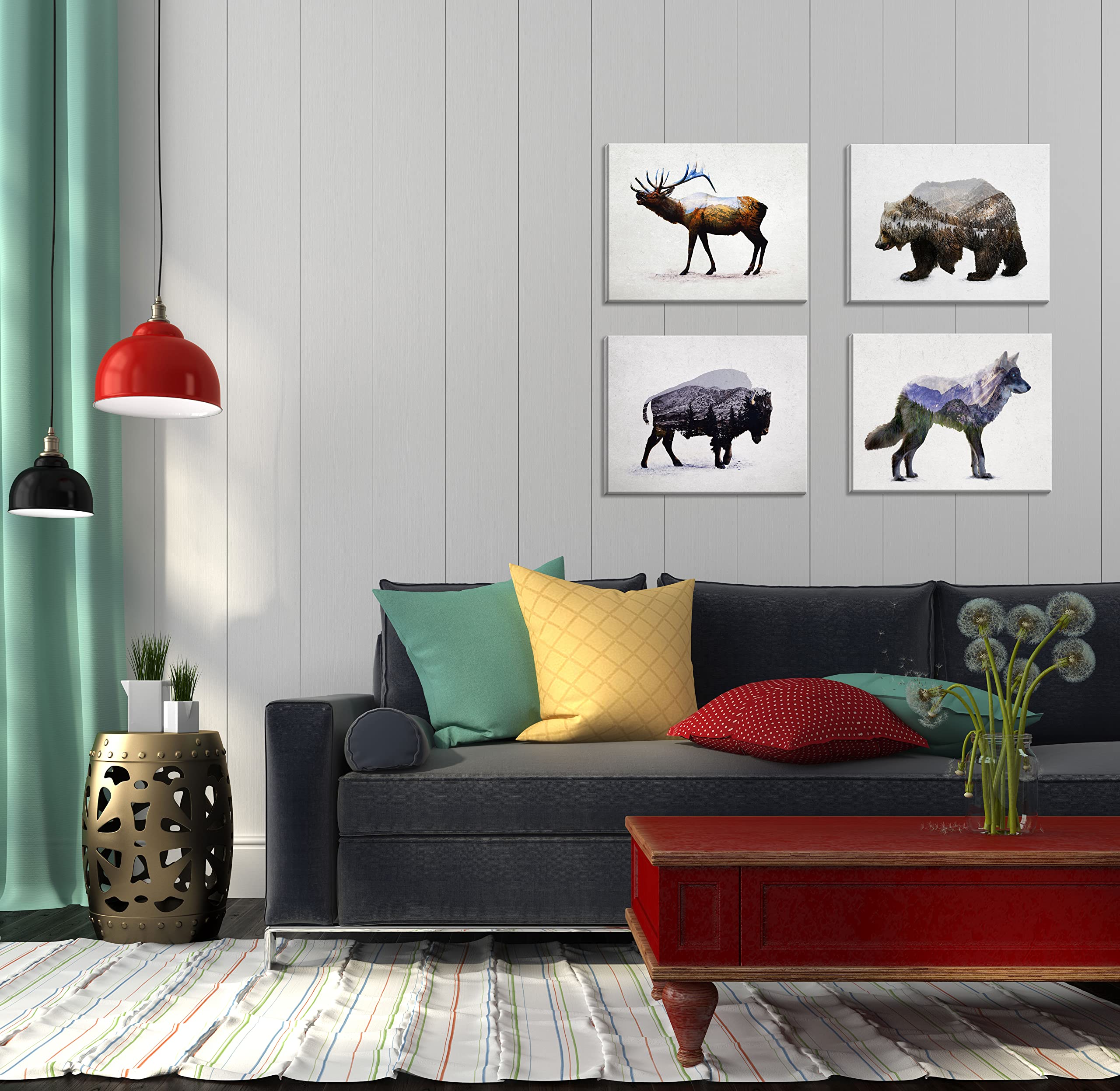Rustic Double Exposure Elk, Bison, Wolf And Bear Landscape Set; Cabin Lodge Decor; Four 14X11In Stretched Canvases