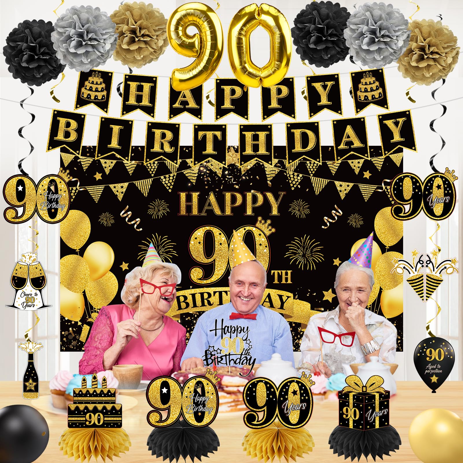Eucutur 42Pcs 90Th Birthday Decoration Kit For Men Women, Black Gold Happy 90Th Bday Banner Balloons Honeycomb Centerpiece Swirl