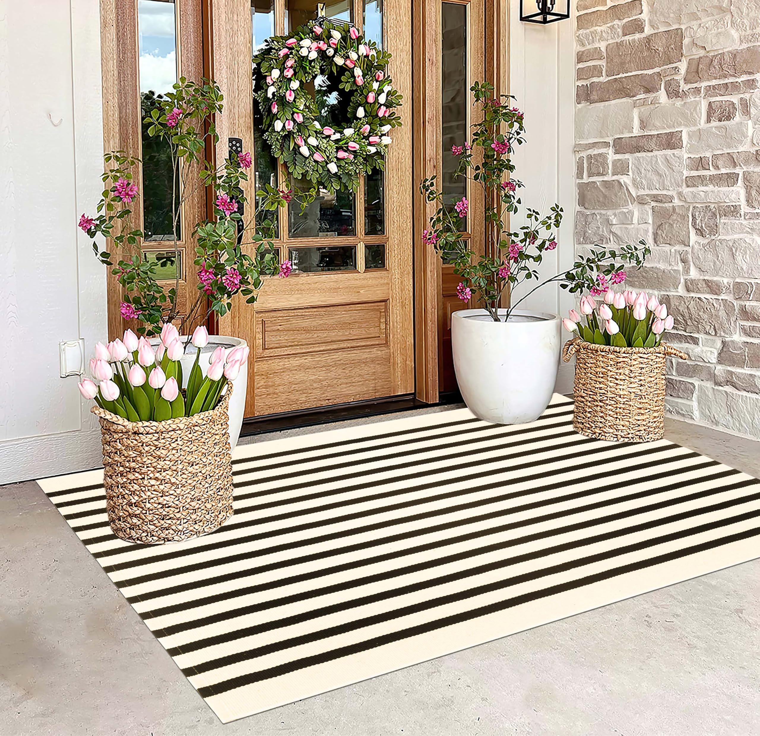BUAGETUP Black and Beige Outdoor Rug 3x 5,Striped Washable Porch Rug Cotton Woven Washable Rug Indoor/Outdoor Area Rug Floor M