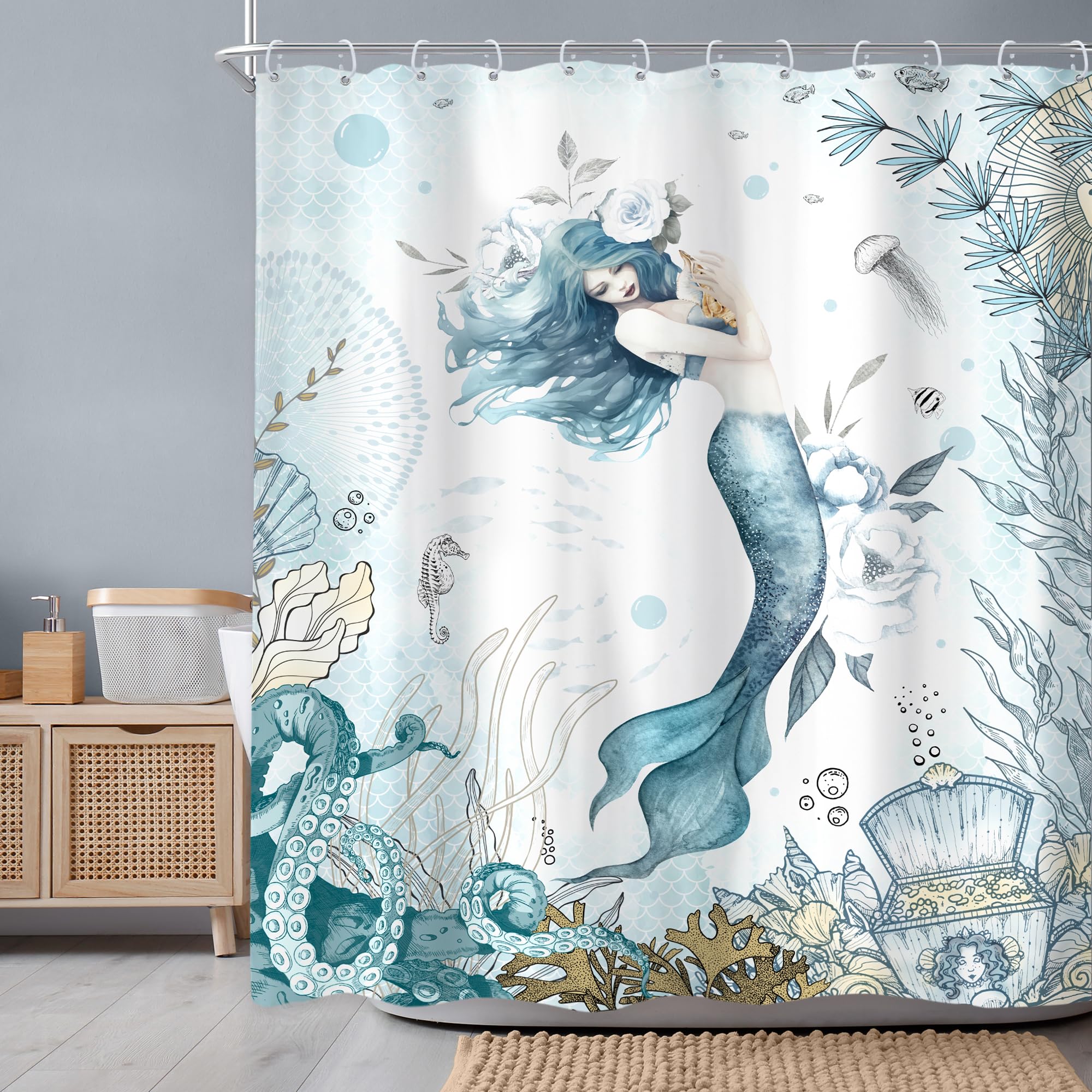 Newsely Mermaid Shower Curtain 60Wx72H Inch Nautical Blue Sea Ocean Octopus Coastal Coral Underwater Fish Seashell Jellyfish Tea