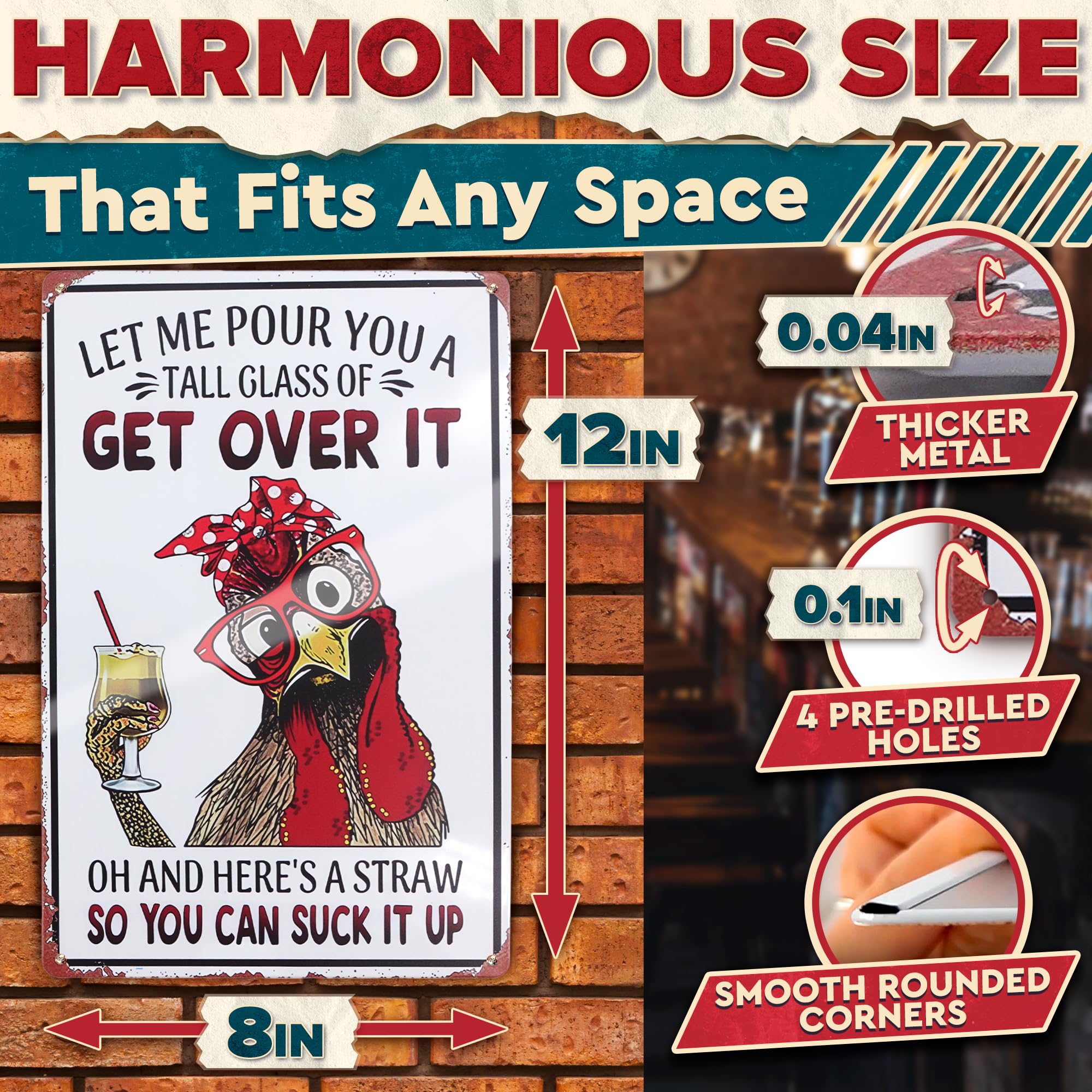 Let Me Pour You a Tall Glass of Get Over It Tin Sign 8x12 - Metal Funny Chicken Coop Signs for Outside - Rustic Tin Farmhouse Wa