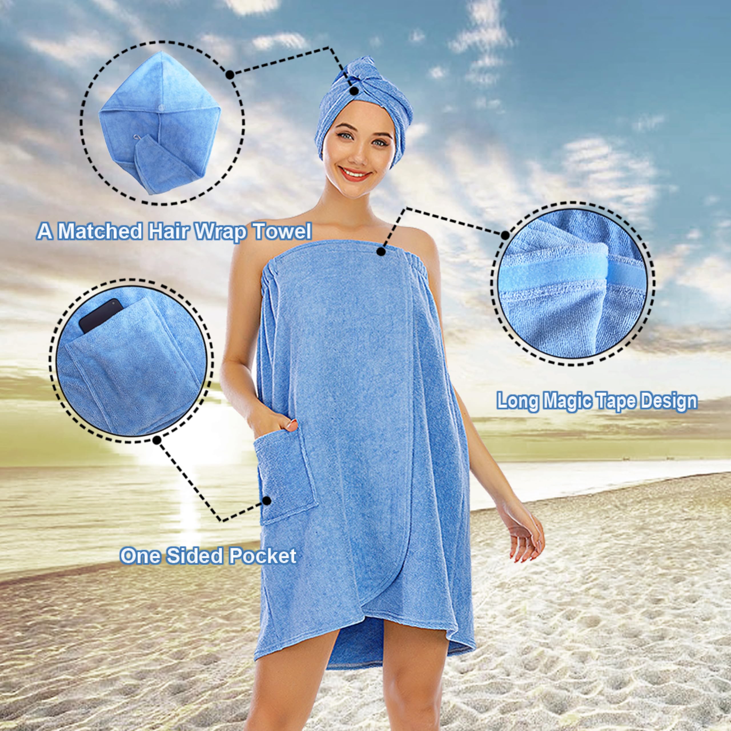 Hysunland Blue Plus Size Spa Bath Wrap For Women, Light Weight Quick Drying Womens Sauna 2X Towel Wrap For Pool Beach Wedding