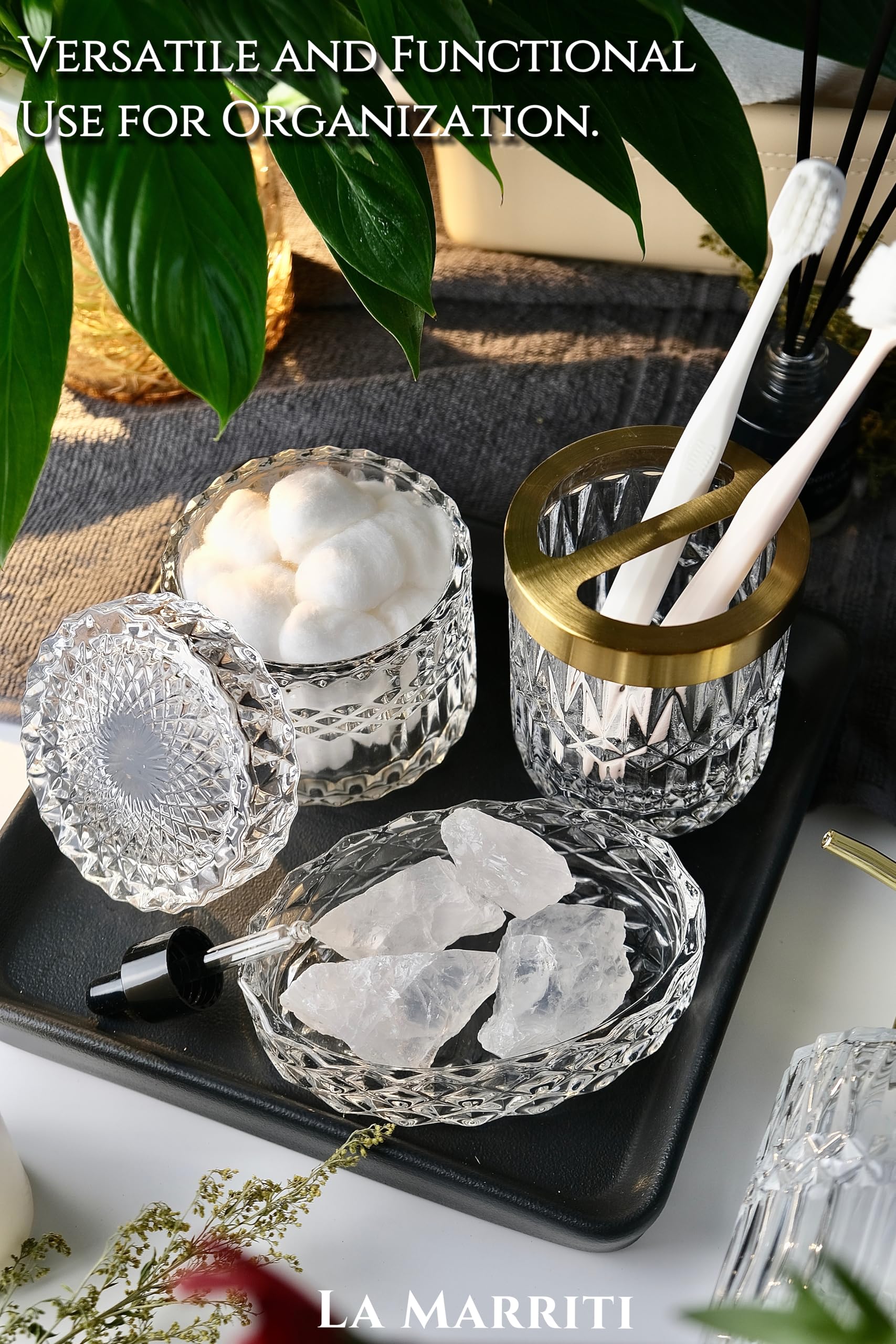 LaMarriti 5Pcs Clear Glass Bathroom Accessories Complete Set  Lotion Dispenser  Soap Dish  Tumbler  Cotton Swab Jars  Toothbrush Holder Set  Christmas Bathroom Decor and Gift Set  Crystal Clear