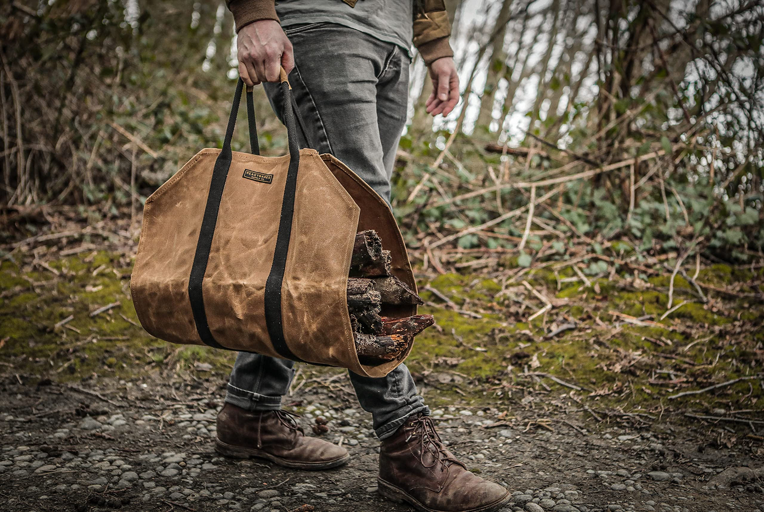 Readywares Waxed Canvas Firewood Carrier  Heavy Duty Firewood Log Carrier  Classic Durable Design Tan