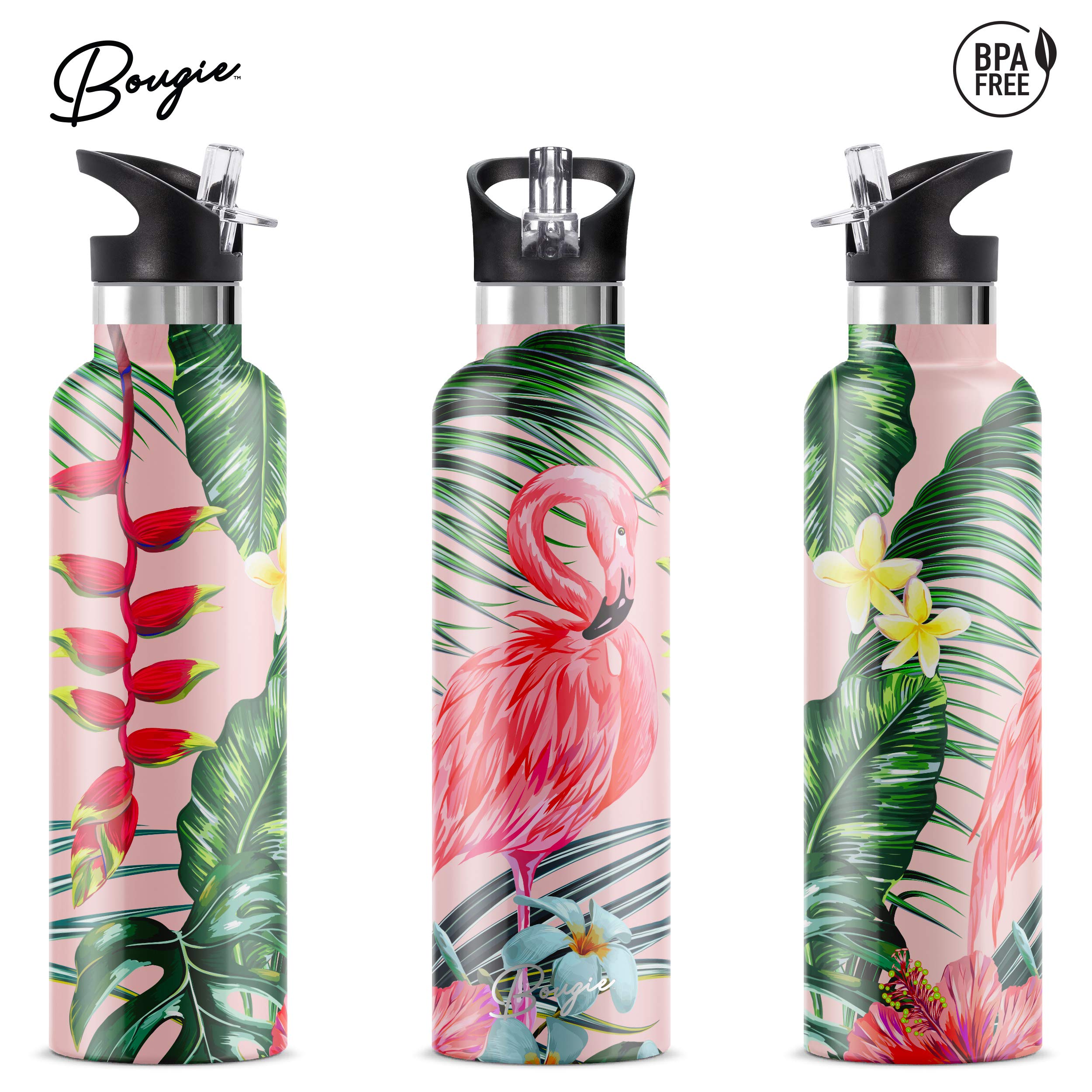 Bougie My Bottle Flamingo Stainless Steel Double Walled Insulated Water Bottle With Wide Mouth Flip N Sip Lip Lid, Two Straws &