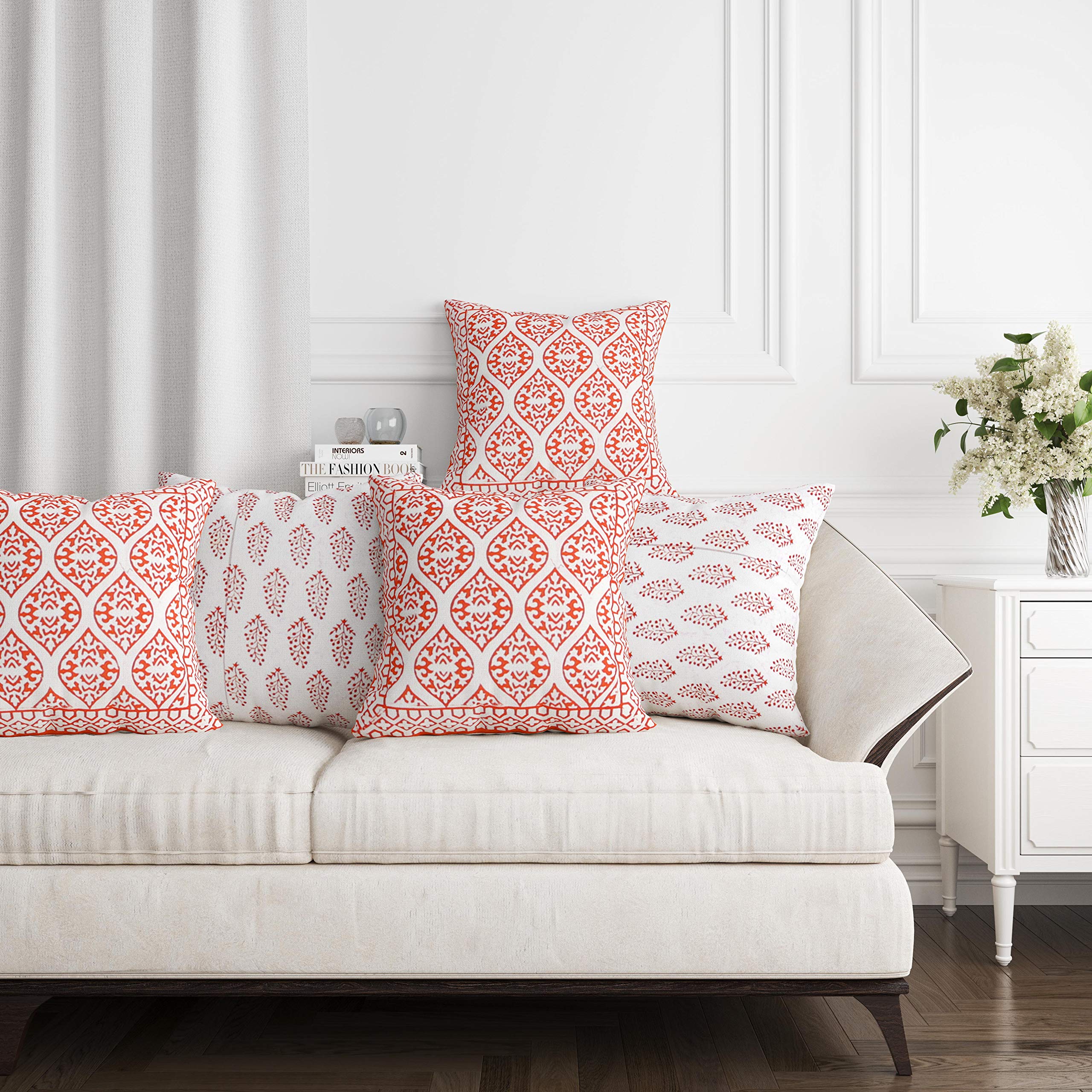 Blocks Of India Hand Block Printed Cotton Cushion Cover (16 X 16 Inches) (5, Orange Buti), 250 Tc