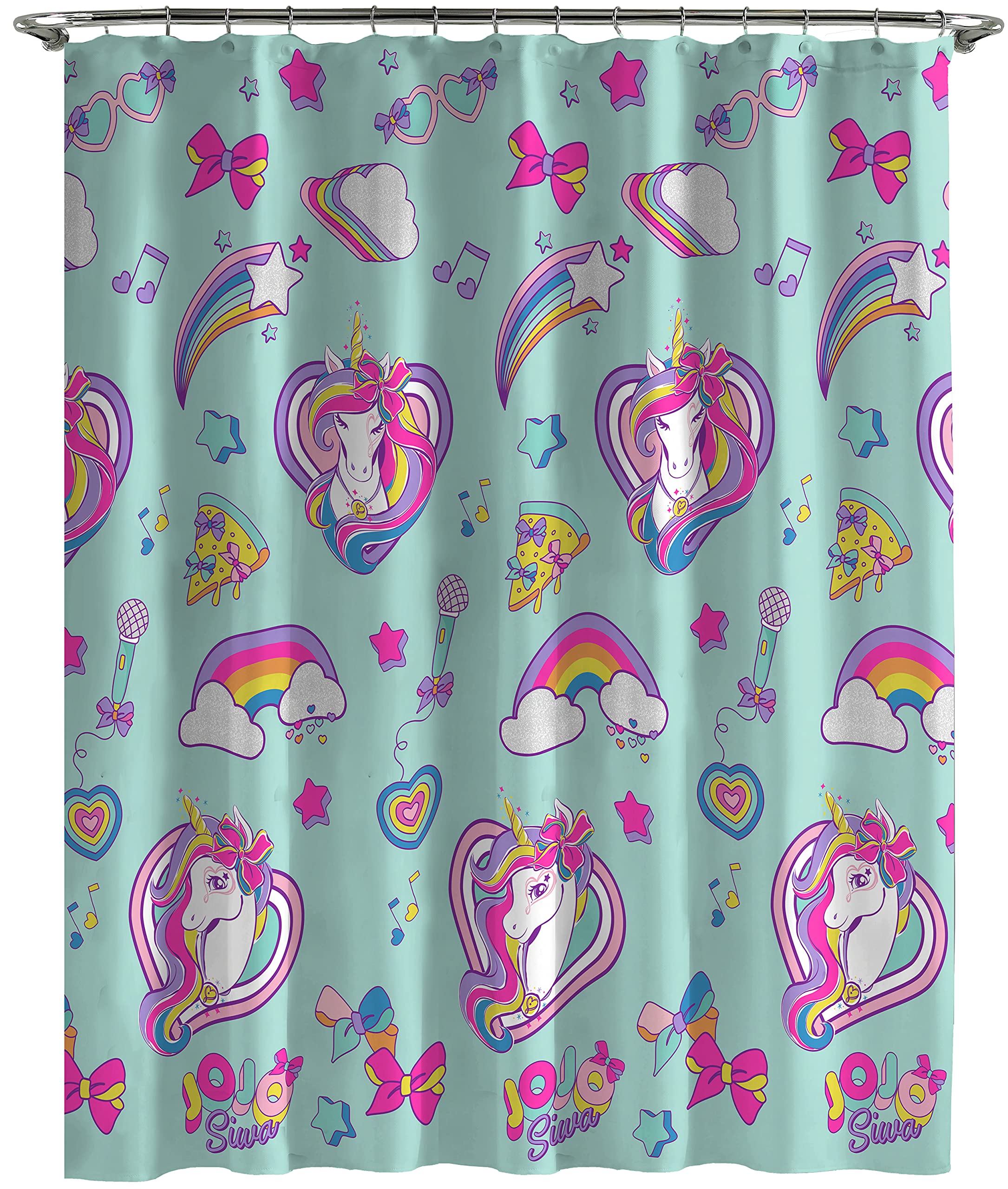 Jay Franco Nickelodeon JoJo Siwa Retro Rainbow 14 Piece Bathroom Set - Includes Shower Curtain  12 Hooks  & Non-Slip Bath Rug - Easy Care Fabric Features Unicorn (Official Nickelodeon Product)