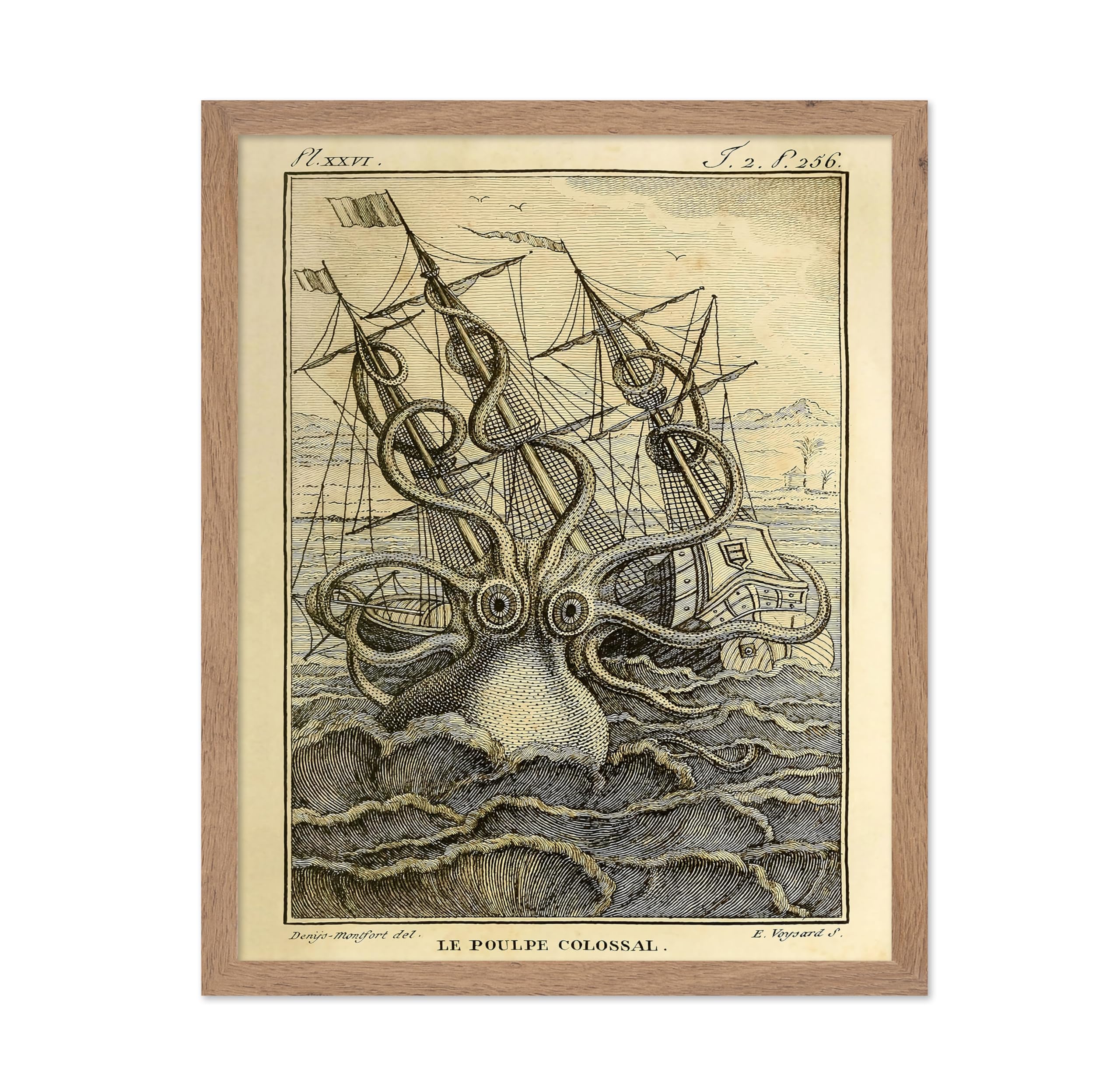 Poster Master Vintage Colossal Octopus Poster - Retro Giant Octopus and Ship Print - Kraken Art - Nautical Gift for Him, Her - G