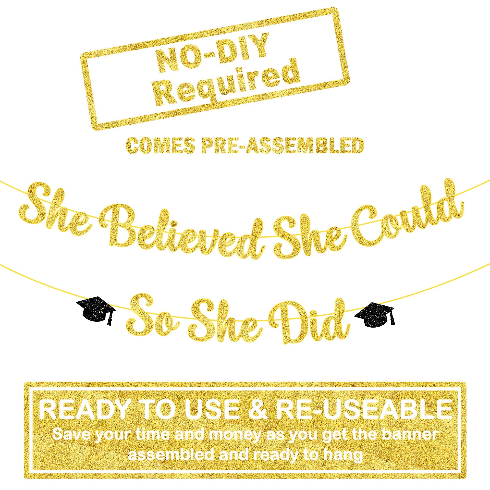 Katchon, She Believed She Could So She Did Banner - Glitter 10 Feet, No Diy | Gold And Black You Did It Banner, Graduation Decor
